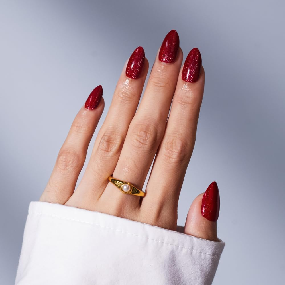 Press on Nails - Blue Glazed, Short Almond Shape, Reusable Nails in 15 Sizes - 30 Nail Kit with Glue and Sticky Tabs