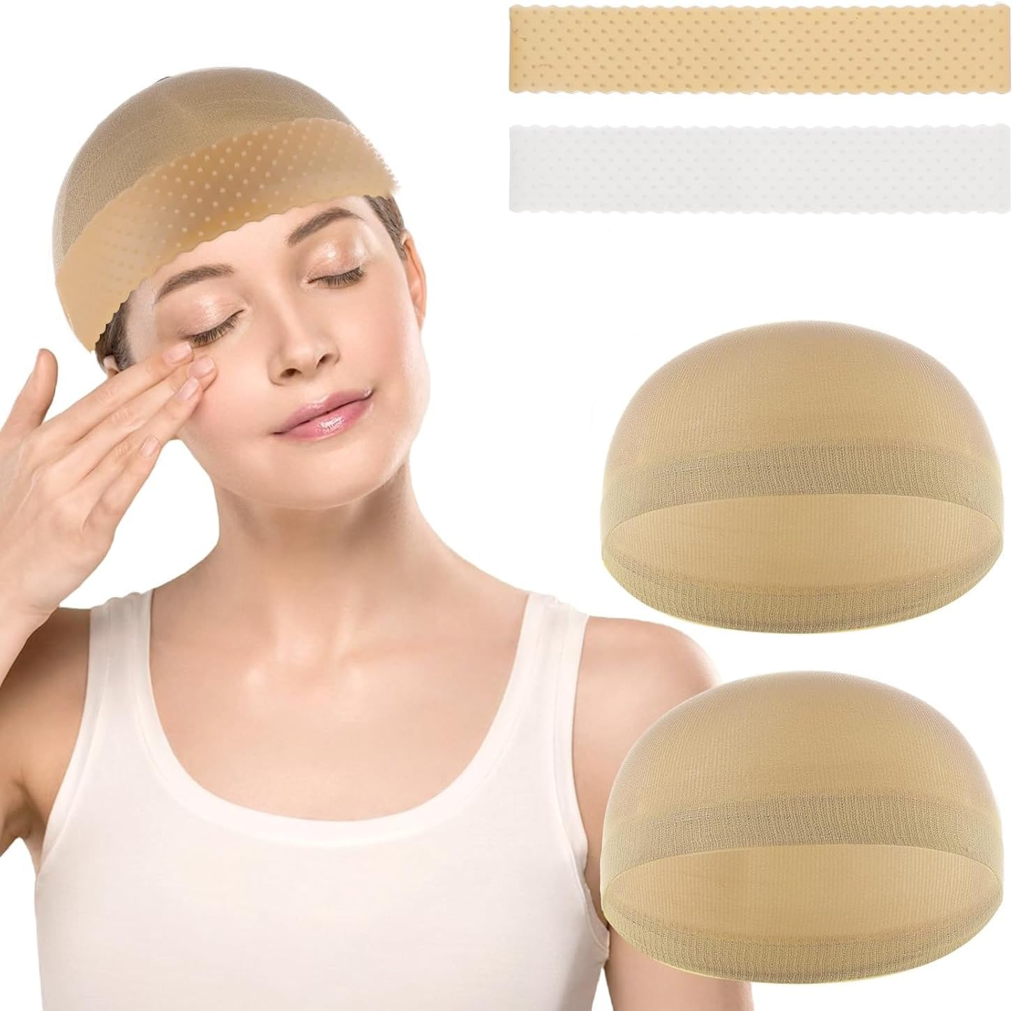 Nylon Wig Headband Silicone Wig Band, 4Pcs Silicone Wig Grip Band Stretchy Nylon Wig Cap, Silicone Wig Grip Band with Stretchy Nylon Wig Cap,Silicone Wig Grip Band with Nylon Wig Stocking Caps image number 1
