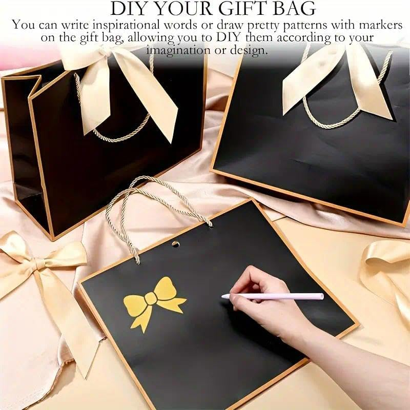 Gift Bags with Handles - Large Black 12 Pack, Wedding & Bags with Gold Ribbon, Elegant Paper Party Bags for Luxury Gift Packaging Bulk, Australia