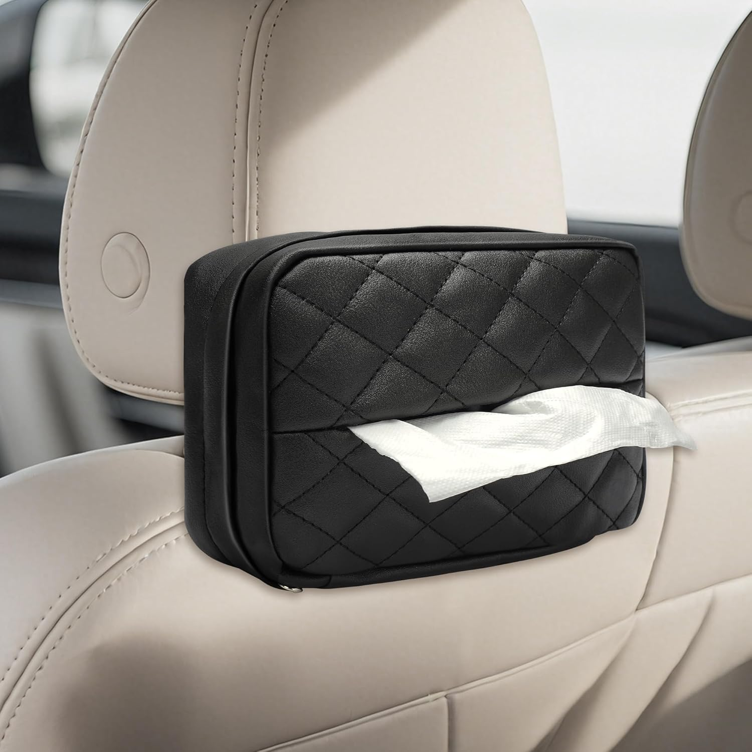 Car Tissue Holder Black - PU Leather Backseat Tissue Holder, Sun Visor Napkin Box for Cars Interior, Black Car Napkin Hanging Visor Box image number 4