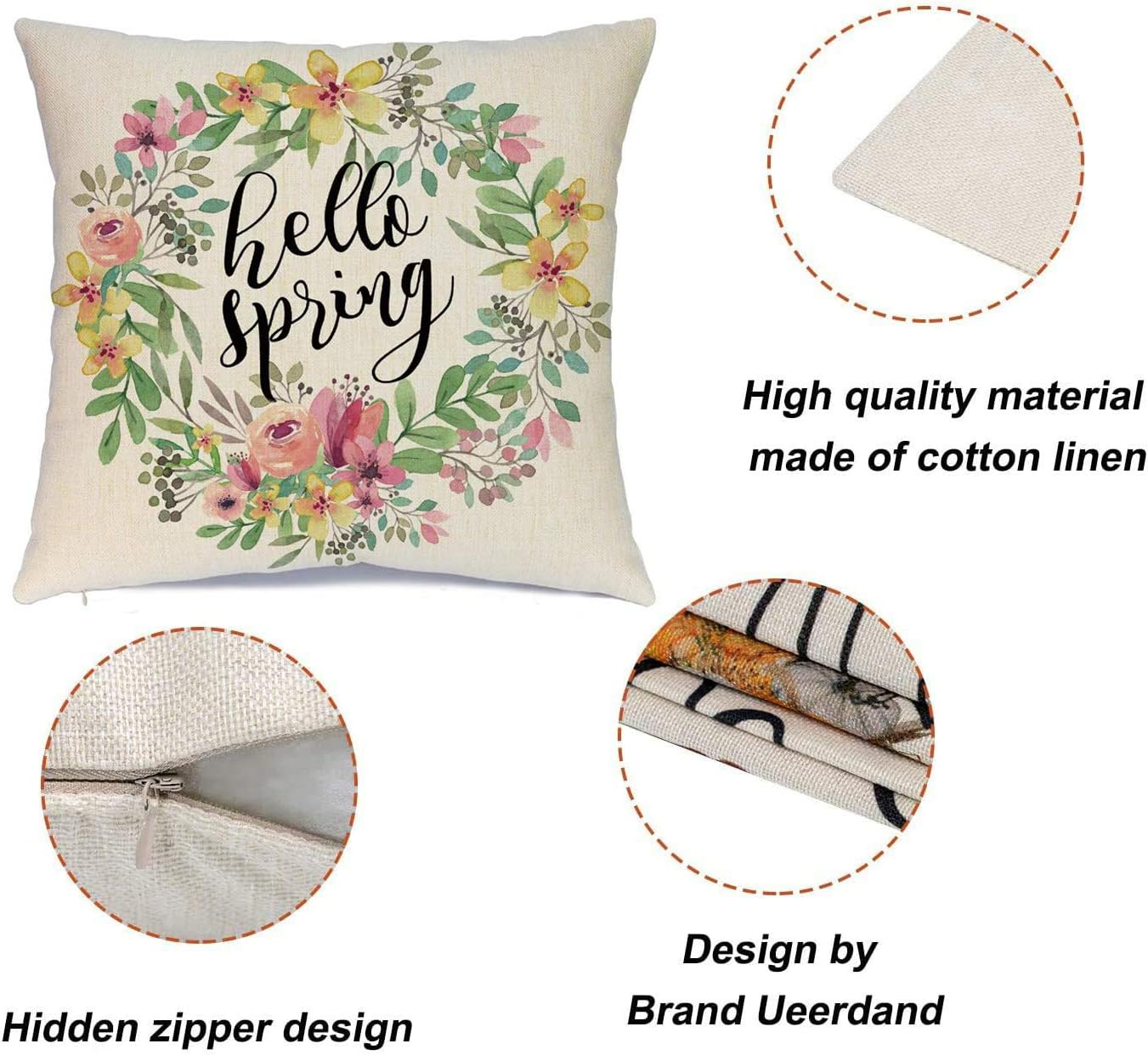 Spring Pillow Covers 18X18 Spring Decorations Set of 4 Decorative Pillow Cases Hello Spring Bicycle Butterfly Cotton Linen Holiday Throw Cushion Covers for Spring Season'S Home Farmhouse Decor