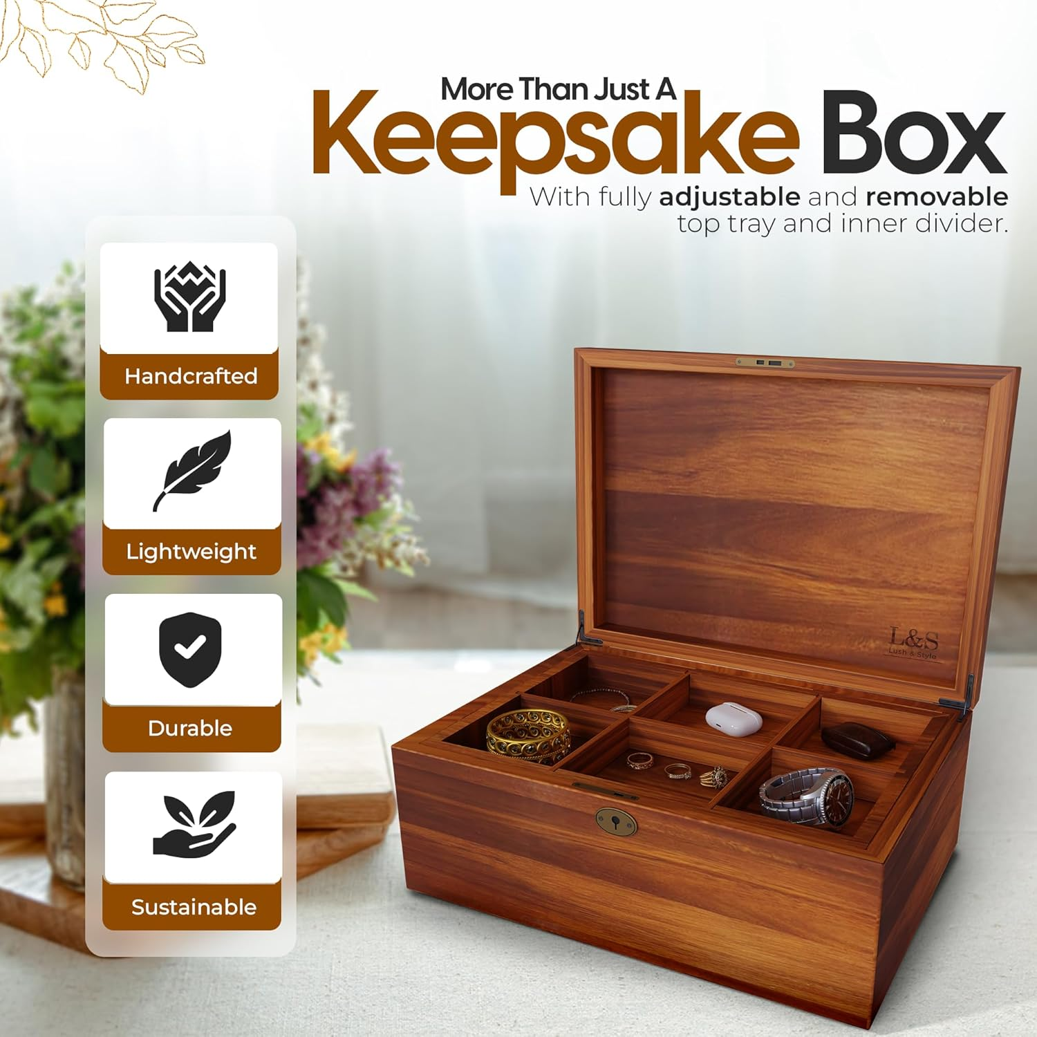 LUSH & STYLE Acacia Wood Box, Keepsake with Hinged Lid and Locking Key, Decorative, Memory Treasure, Wooden Storage Box, Wooden Gift Box (Divider Model) image number 5