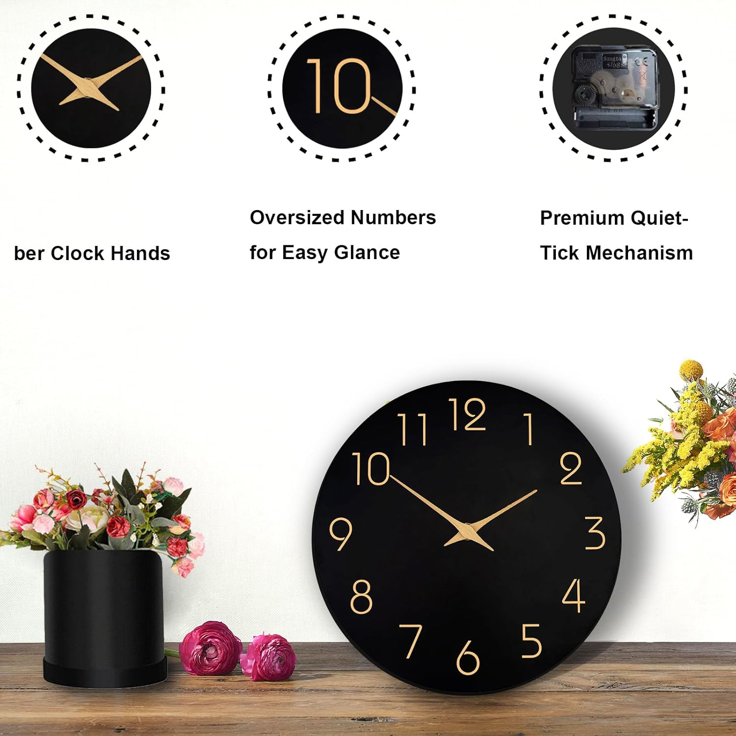 AIJOY 12 Inch Silent Non-Ticking Wall Clock - Battery Operated Modern round Wooden Clock with Cushioned EVA Leveling Pads, Large Easy Read Numerals for Living Room Bedroom Kitchen Office Home Decor image number 5