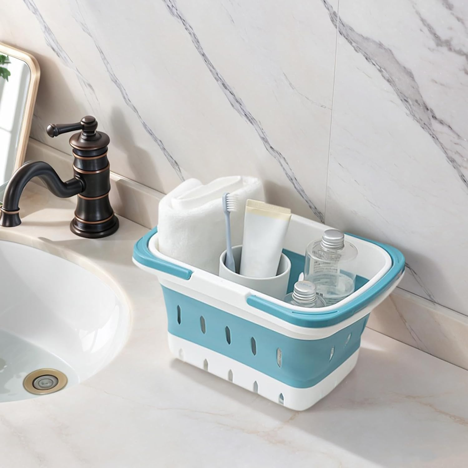 Foldable Shower Basket - 11.02 Inches Bathroom Toiletries Baskets for Home and Gym, Portable Design with Handle, Adorable Travel Storage for Toiletries, Apartment, RV, Camping