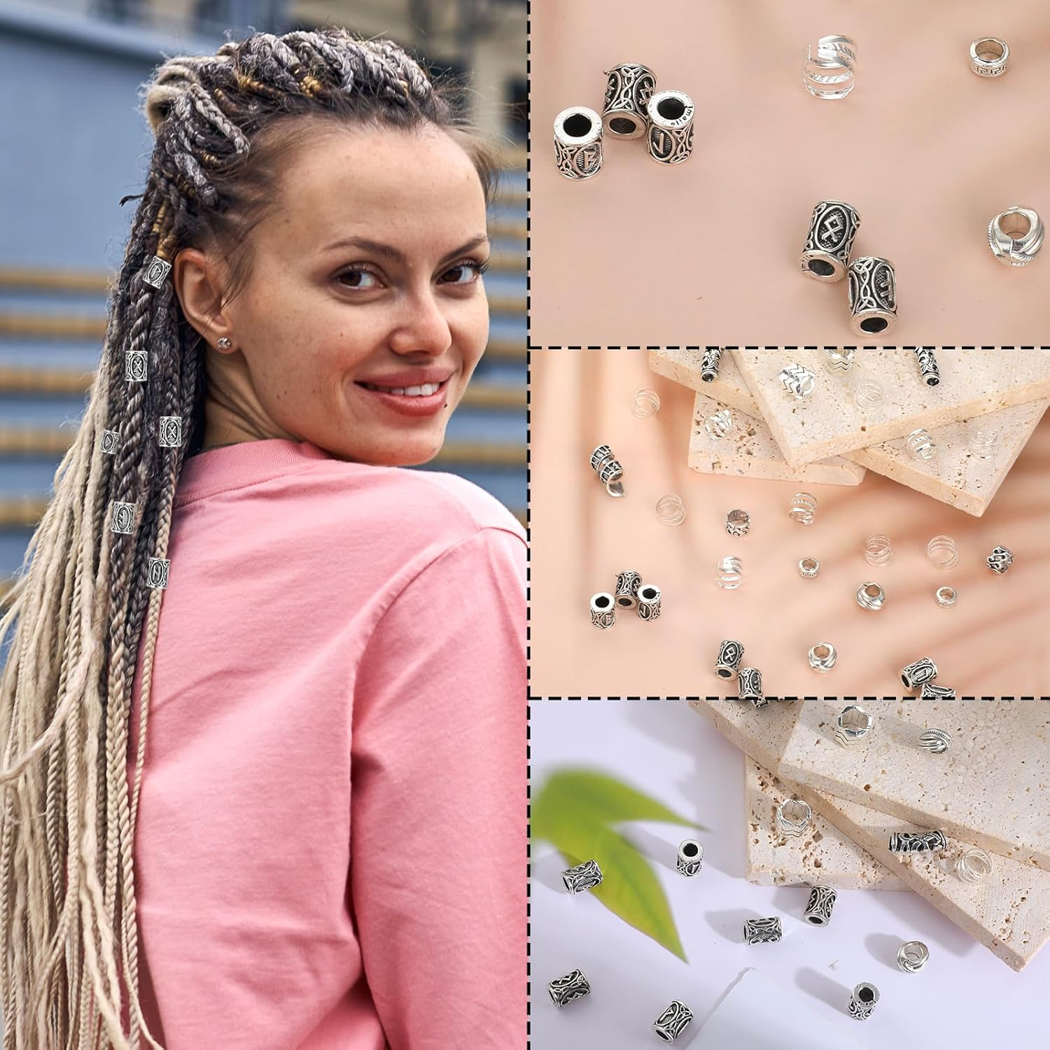Qianyu 67 Pcs Hair Tube Beads Norse Vikings Runes Hair Jewelry Beard Beads for Bracelets Pendant Necklace DIY Metal Braiding Dreadlock Beads Decoration for Hair Braids Viking Beads Kits image number 1