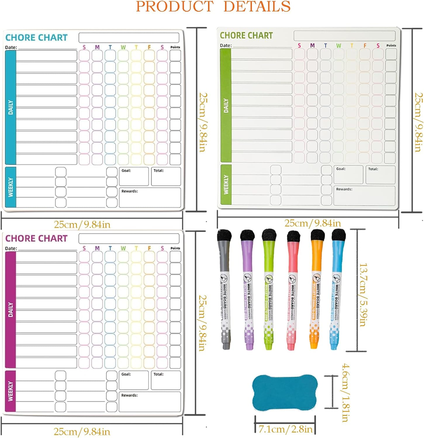 Magnetic Chore Chart for Refrigerator, ZACHMEST 3 Pieces Dry Erase Behavior Chore Charts & 6 Markers & Eraser Reward Weekly Chart for Adults Family Daily Responsibility image number 2