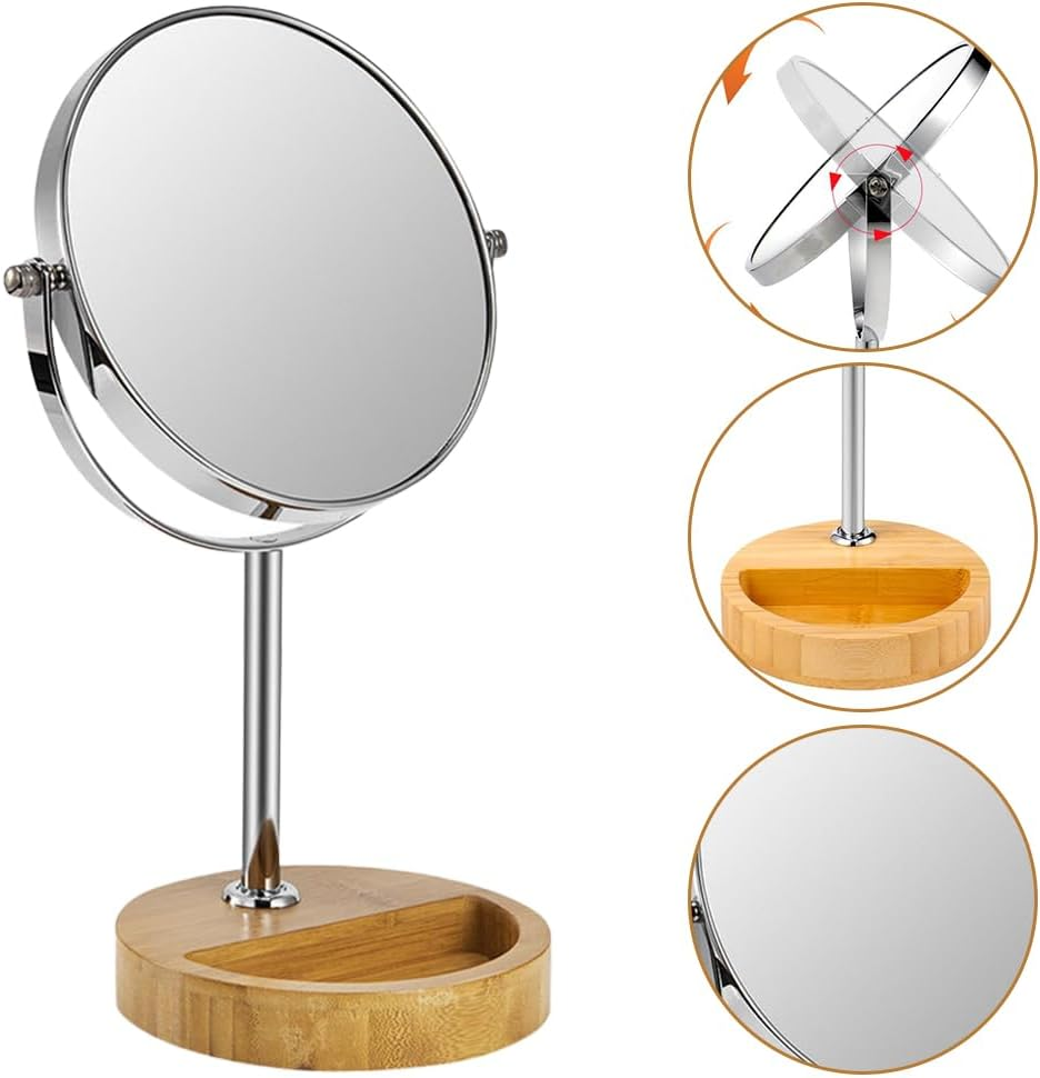 7 Inch Double-Sided Vanity Makeup Mirror with 1X/3X Magnification, 360&deg; Swivel round Tabletop Mirror with Natural Bamboo Stand and Storage Tray for Bathroom or Bedroom image number 5