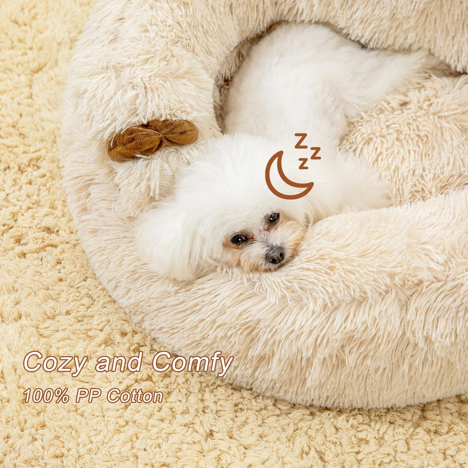 Jiupety Calming Dog and Cat Bed Cute, Cozy Donut Dog Beds, Cute Small Dog Bed, anti Anxiety round Dog Bed M(24"X24"X14") Size for Pets up to 17 Lb, Camel.