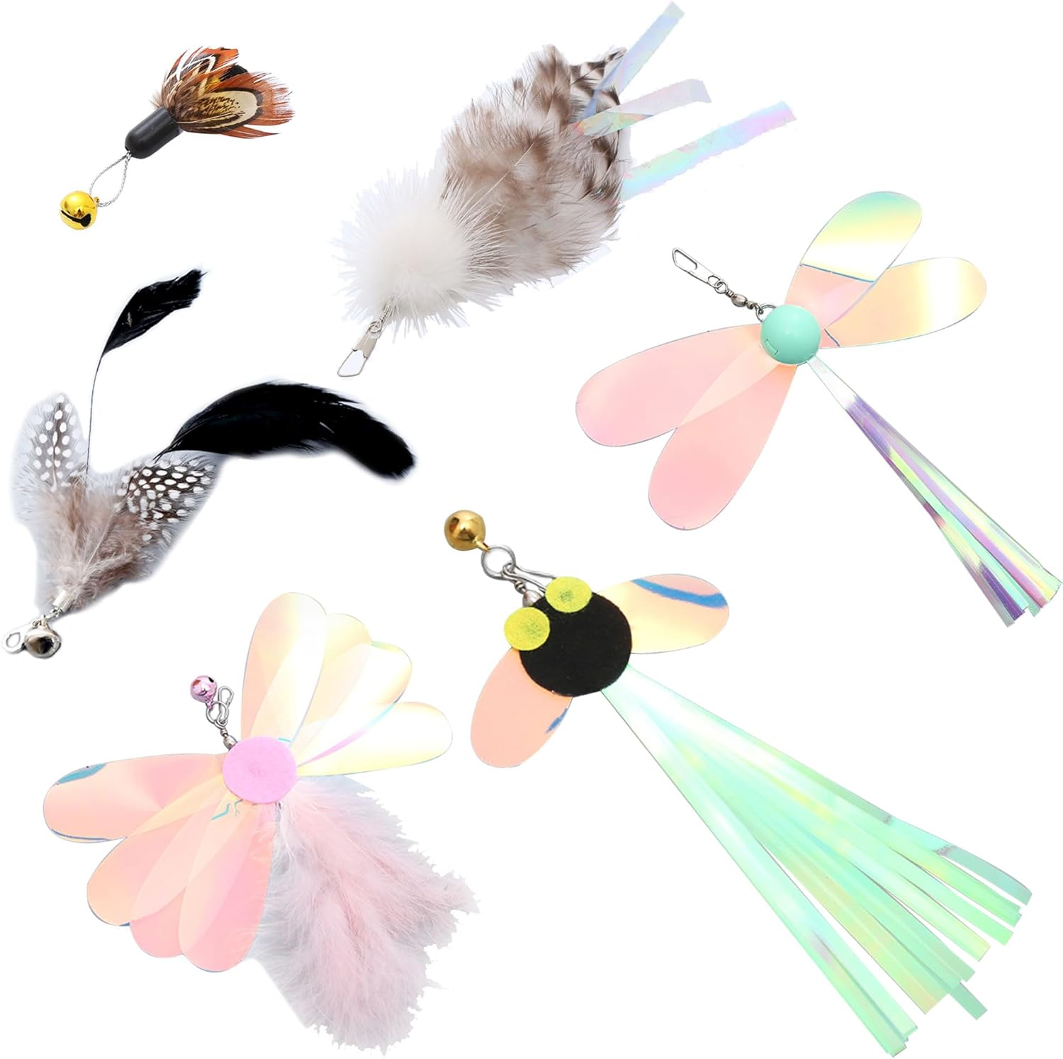 Hayaww Pack of 6 Cat Angel Replacement Pendants Cat Toy Feather Cat Feather Toys Replacement Interactive Cat Toy Interactive Cat Fishing Replacement Feathers with Pendant Feather Bell (A) image number 4
