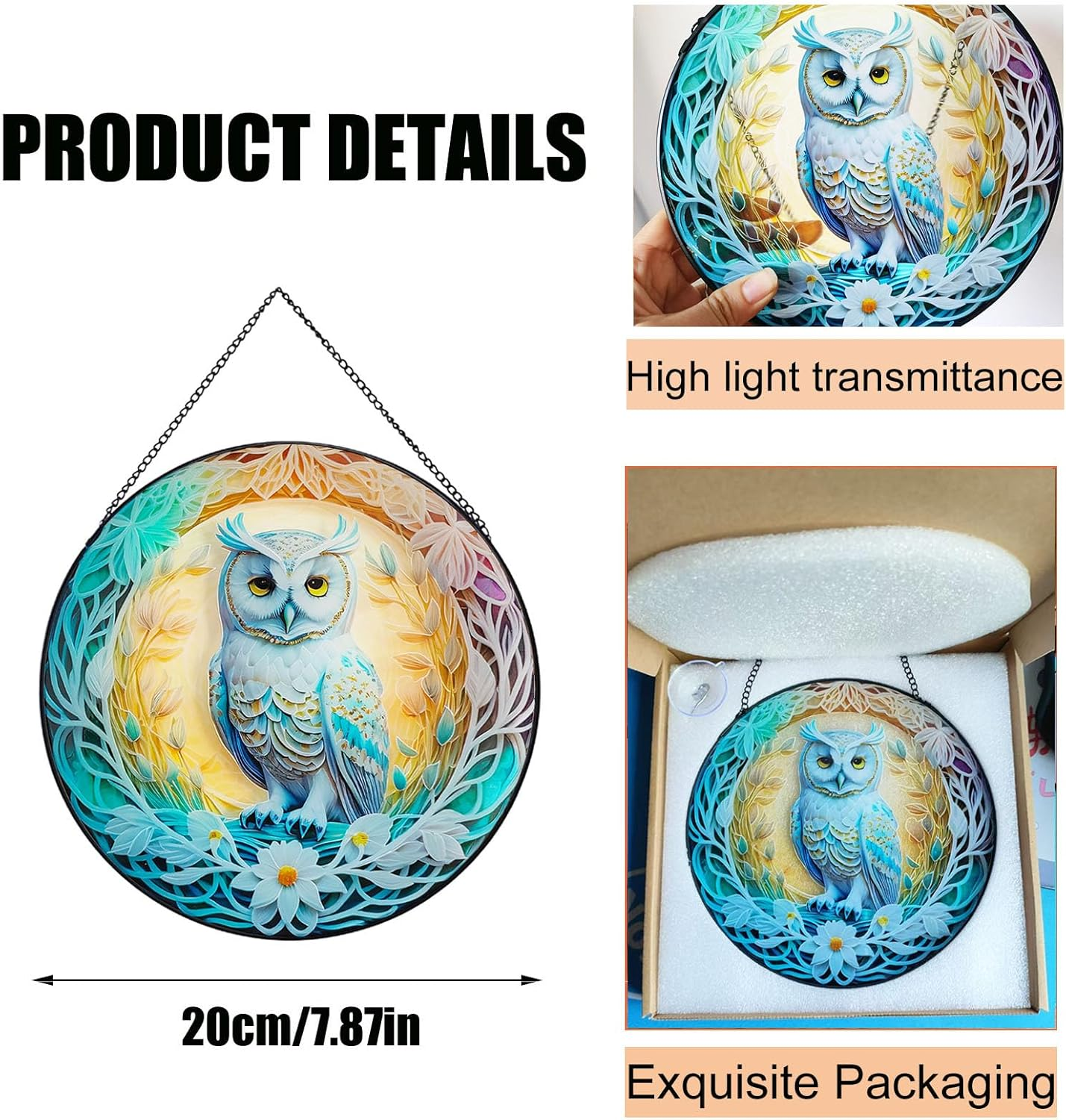 Owl Stained Glass Window Hanging,Colored Suncatchers, Christmas Ornaments,Suncatcher Gifts for Owl Lovers Decor for Home Garden (Style C) image number 5