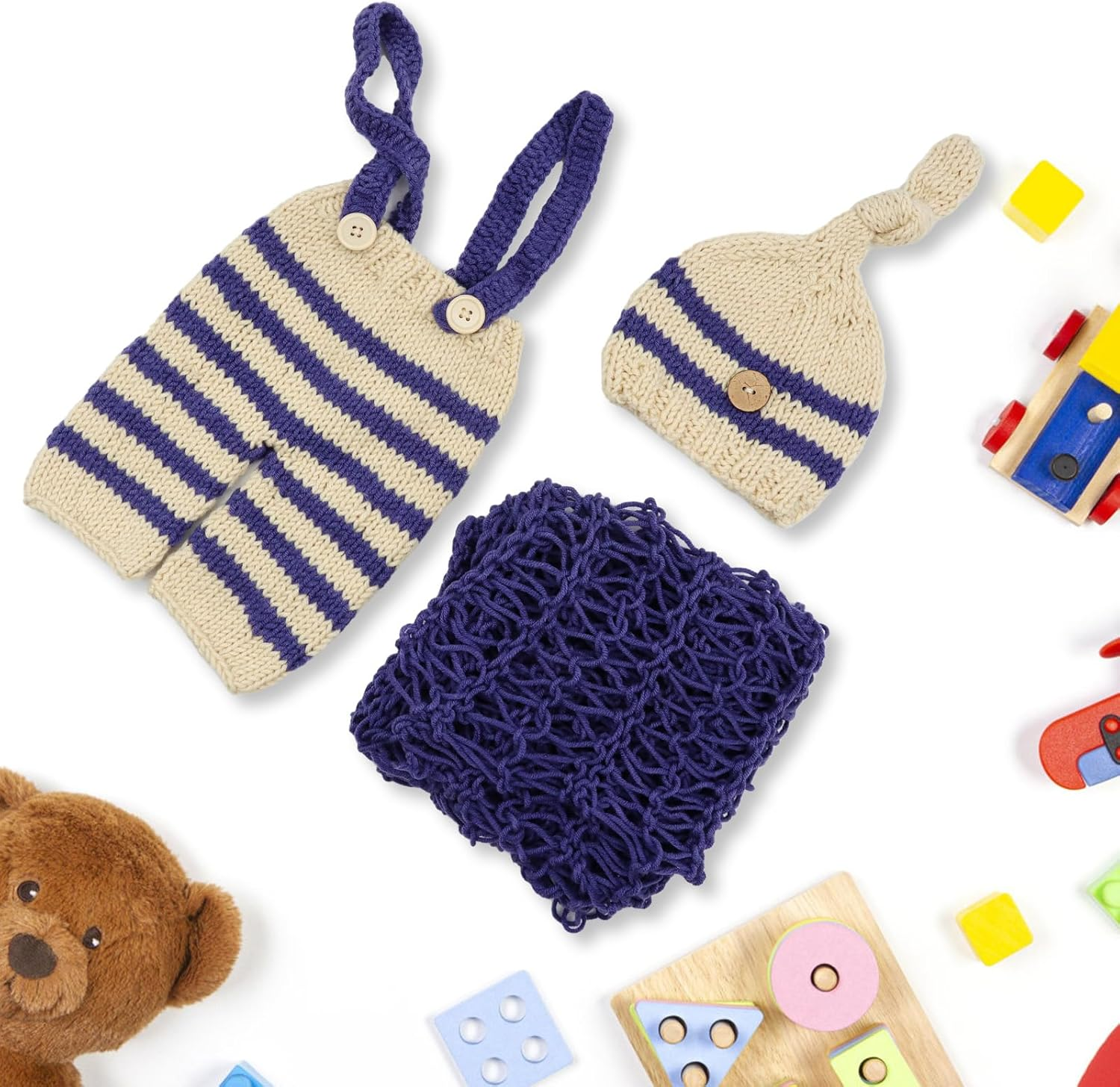 3 PCS Newborn Photography Prop Baby Hat Knitted Handmade Cover Diaper with Toddler Swaddle Blankets Wraps for Infant Boy Girl Princess Twins(0-3Months) image number 1