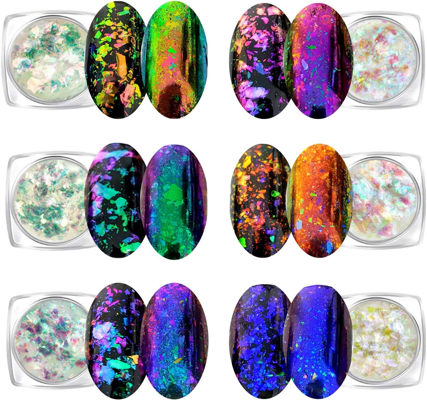 Iridescent Glitter Chameleon Nail Flakes Set of 6 Jars (Light Chameleon)