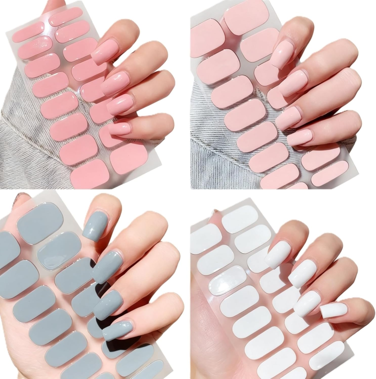 DIY Gel Nails 4-Colour Semi-Cured UV Nail Strips Full Cover Long-Lasting Soft Nail Art Stickers for Women (64Pcs,Pink/Blue-Gray/Light Pink/White) image number 1