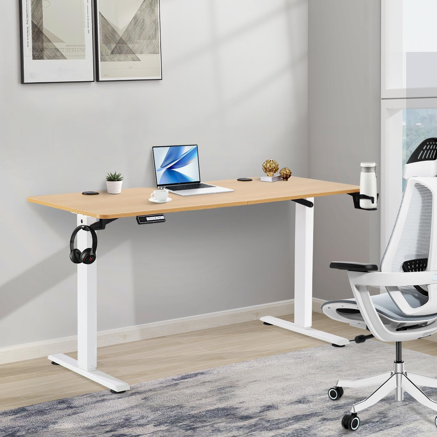 Height Adjustable Electric Standing Desk,160 X 70Cm Splice-Piece Board,Rising Home Office Computer Table with Memory Controller (Burlywood, 160 X 70Cm)