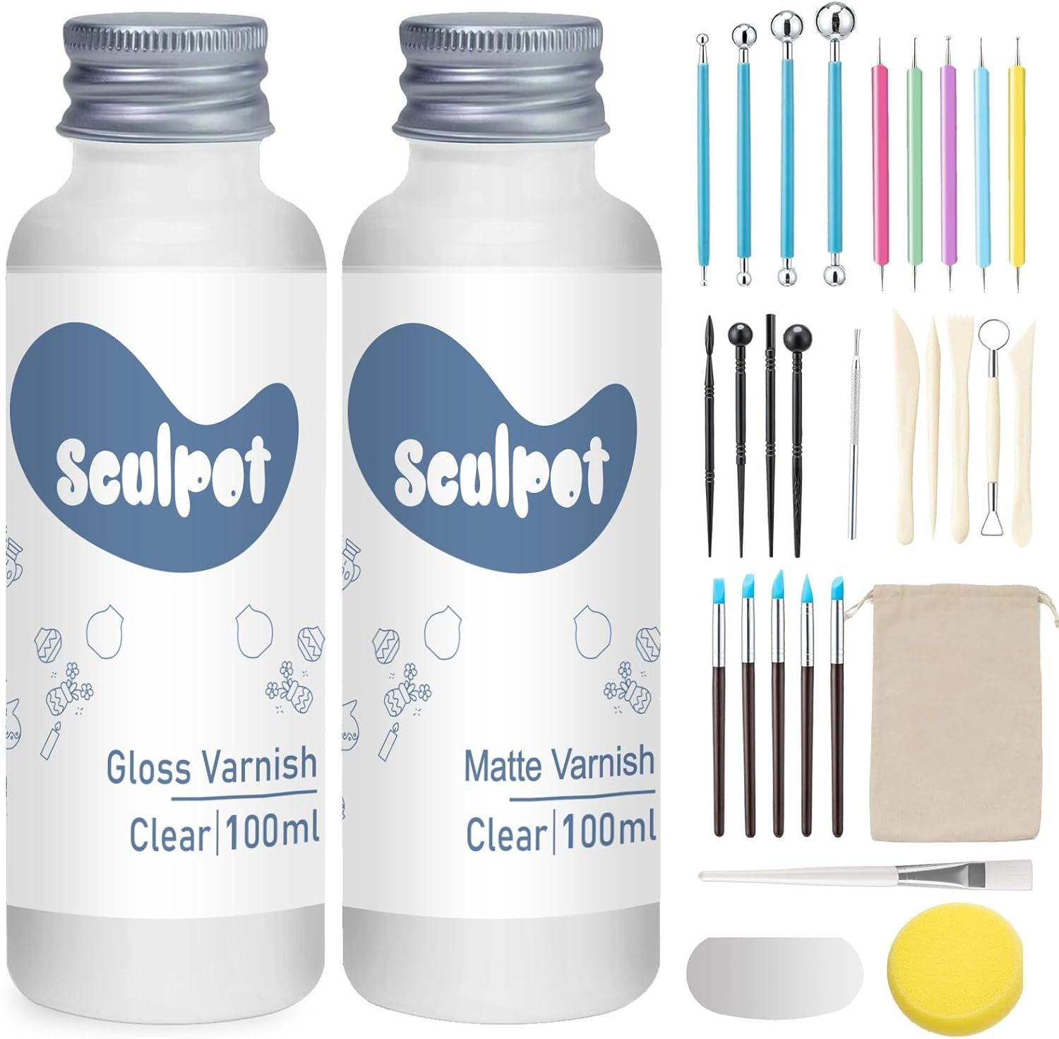 30Pcs Air Dry Clay Glaze with Clay Sculpting Tools, 100Ml Gloss Matte Clay Varnish and Air Dry Clay Tools Kit, Clay Glaze Pottery Tool Kit for High Gloss, Scratch Resistant, Sculpting, Modeling image number 2