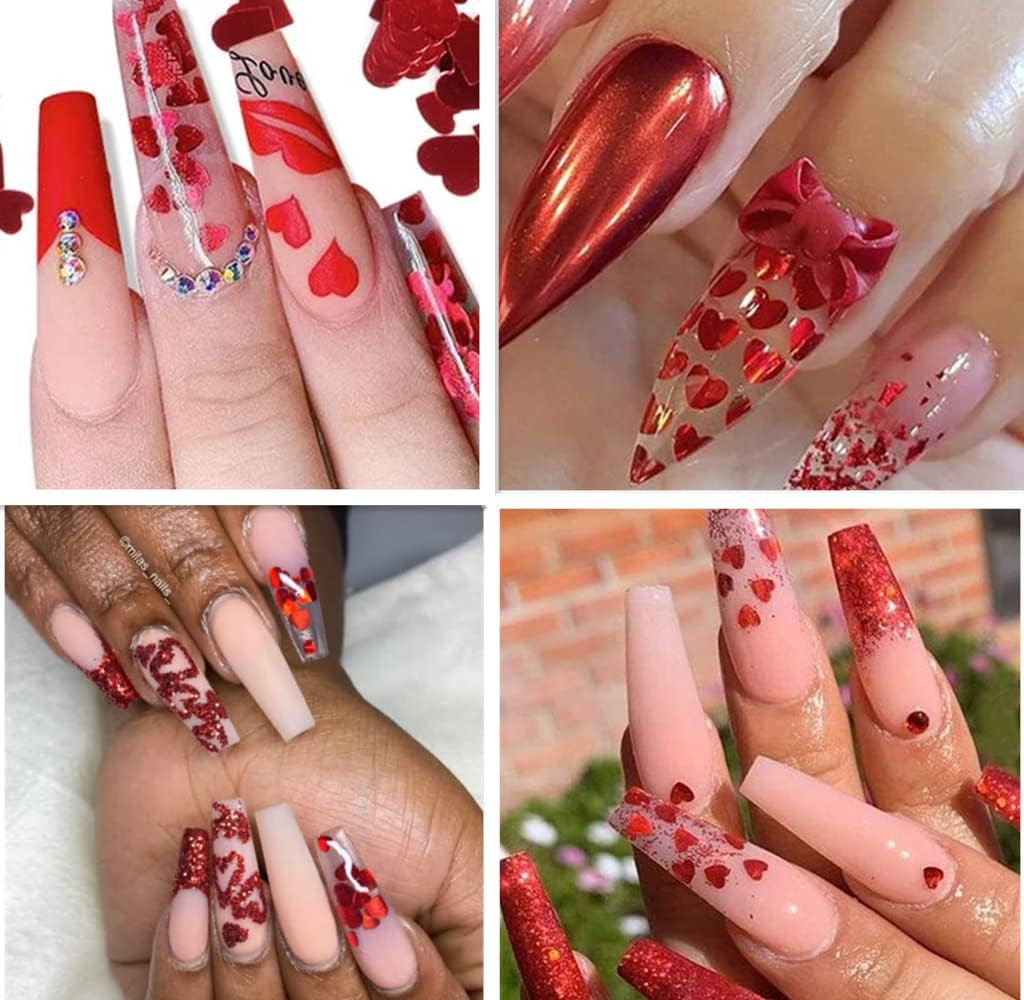 Red Heart Nail Art Glitter Sequins for Valentine'S Day Nail Art Stickers Decals Holographic Love Heart Nail Charms Flakes for Acrylic Nail Supplies Manicure Tips Accessories image number 1