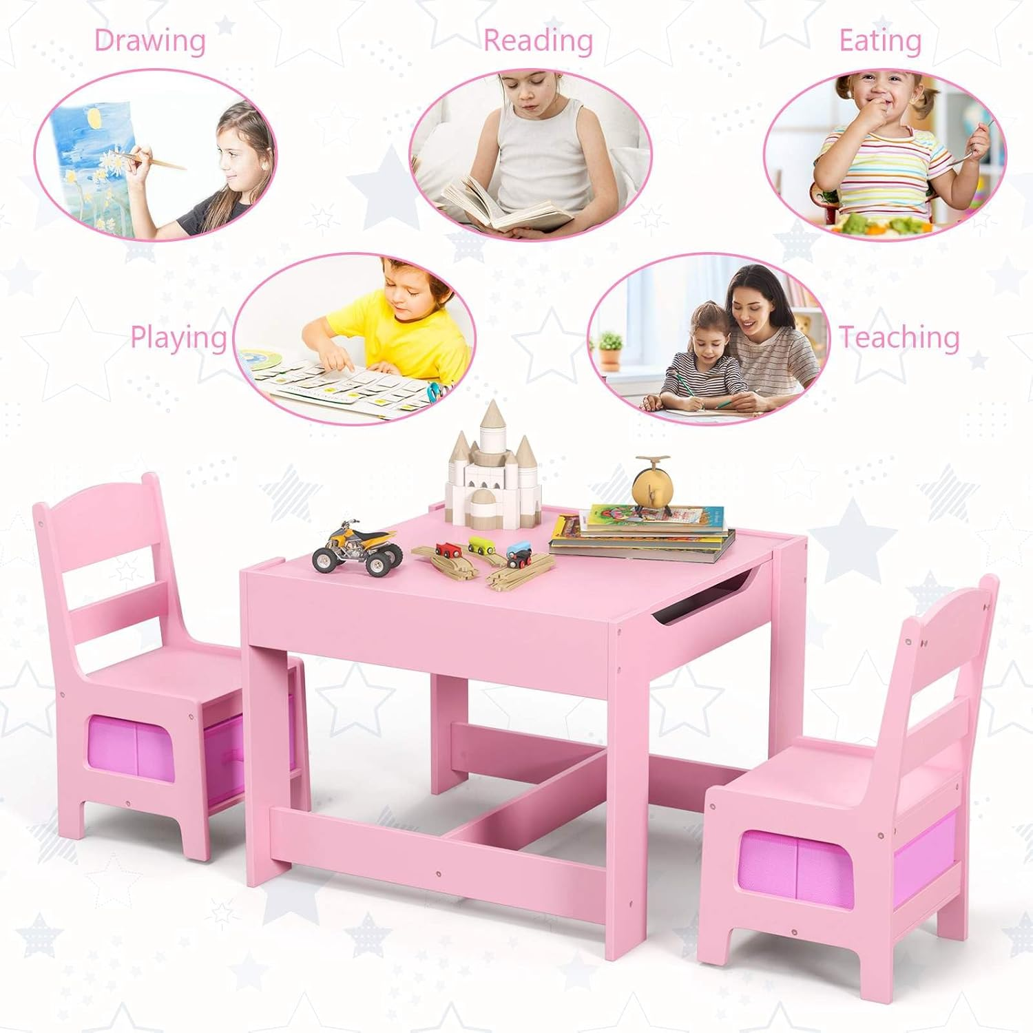 Costway Kids Table and Chairs Set, 3-Piece Kids Furniture Set, Kids Play Table and Chair Set, Toddler Table and 2 Chairs Set, Double Sided Kids Table, Children Activity Art Desk Set (Pink) image number 1