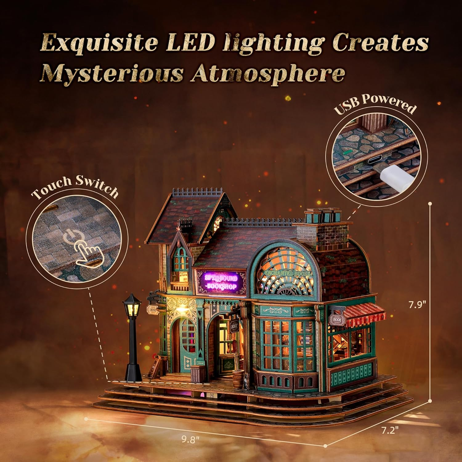 LED 3D Wood Puzzle - Magic Bookshop Building Model Kit with Leds - DIY Miniature Magical Bookstore - 3D Puzzle Architecture Craft Adults image number 5