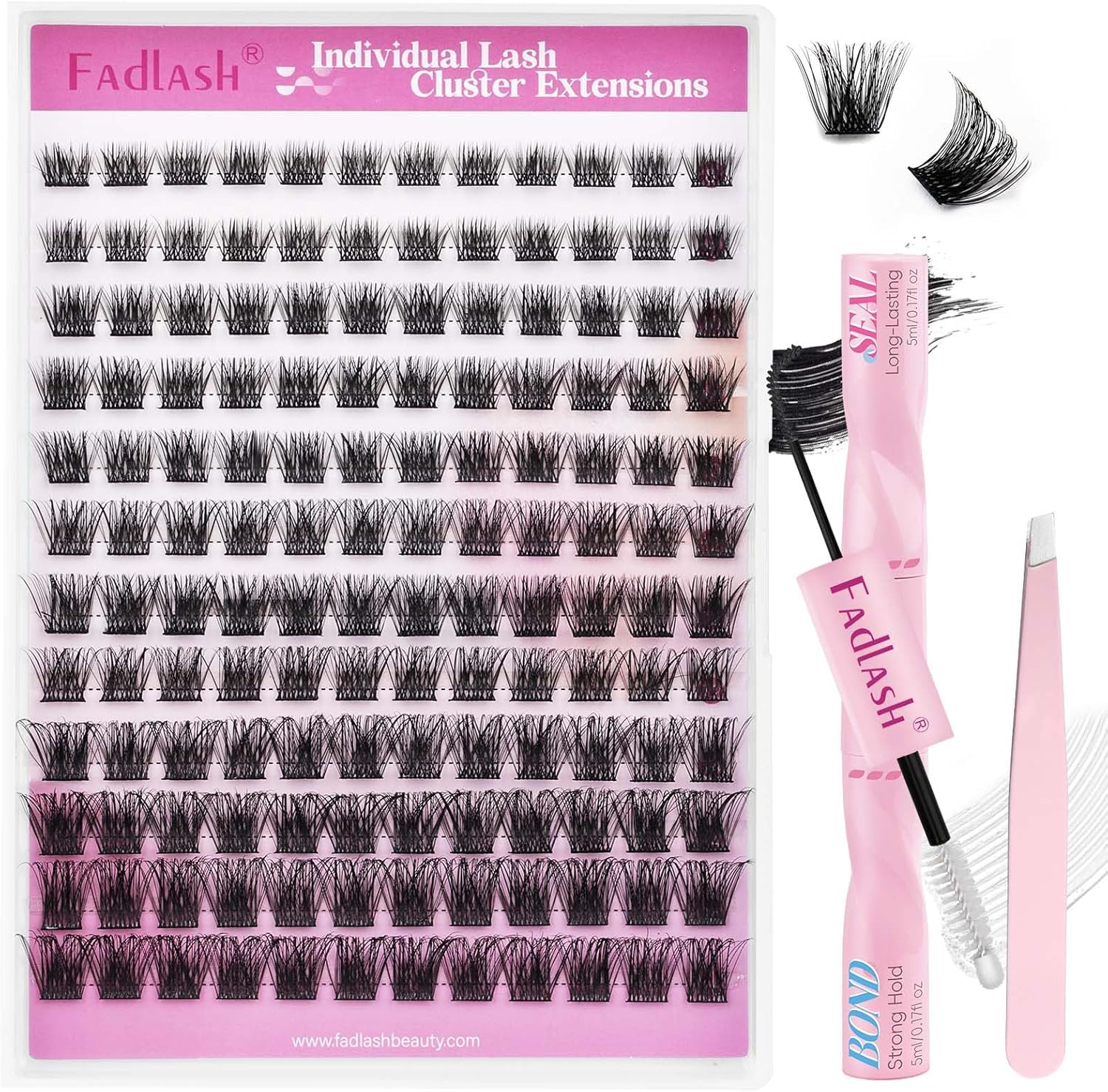FADLASH Lash Clusters Kit DIY Lashes Extension Kit D Curl 0.07 Wispy Natural Eyelash Extension Clusters with Lash Bond and Seal Lashes Tweezer for Self Application(F32-0.07D, 8-16Mm) image number 1