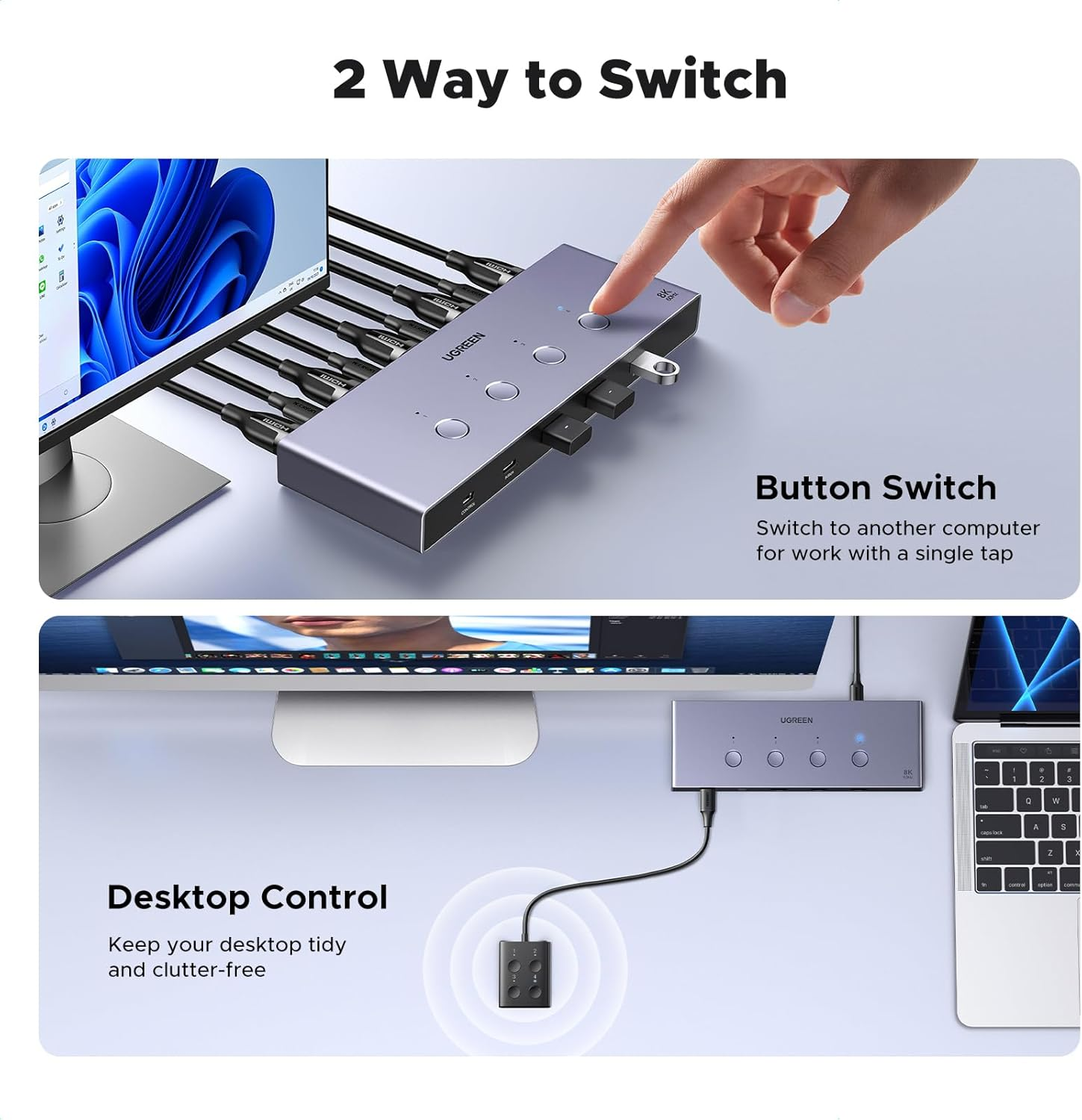 UGREEN 8K@60Hz HDMI KVM Switch 4 Computers with 4 USB 3.0 Ports Aluminum KVM Switches Share One Monitor Keyboard Mouse Hard Drives Printer with 4 HDMI Cables, 4 USB Cables and Desktop Controller image number 3