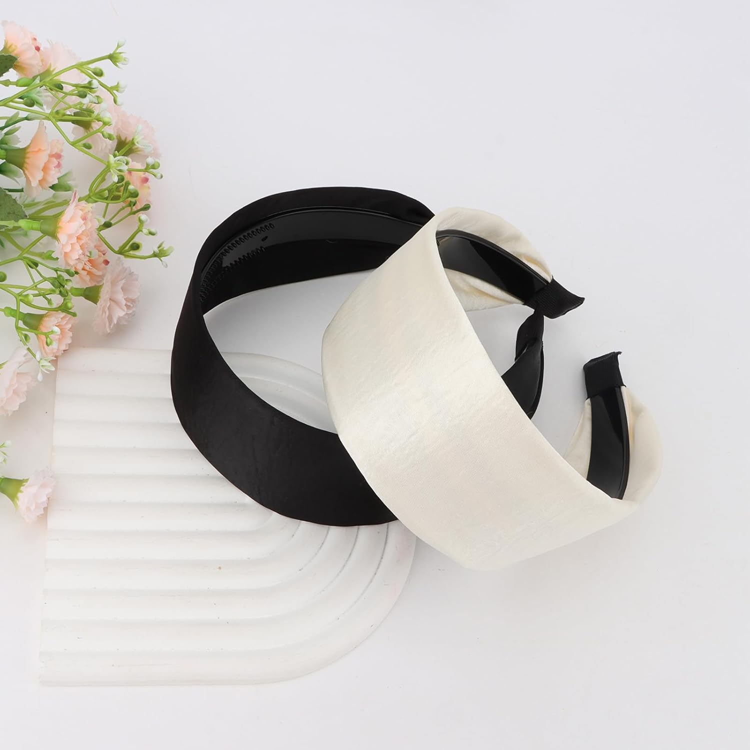 Pruadeor Pack of 2 Satin Wide Headbands, Women'S Fashionable Knot Headband for Women, Hair Accessories, Black and White image number 3