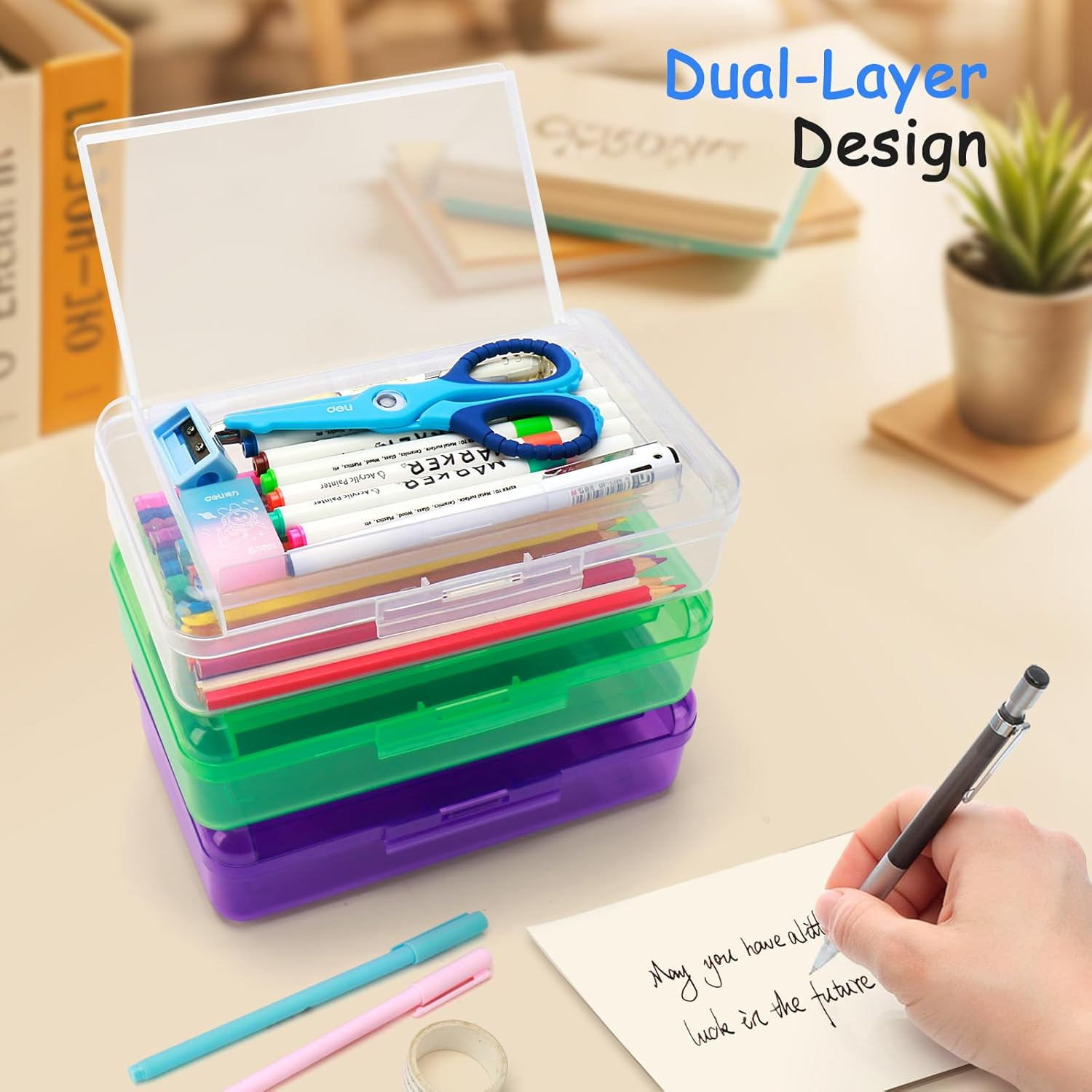 Nuozme Double Layer Large Capacity Pencil Box,Plastic Translucent Pencil Box, Hard Pencil Cases with Snap-Tight Lid for Pens, Pencils, School Supplies,Office Supplies, Medium-Sized,1 Pack - Clear image number 6