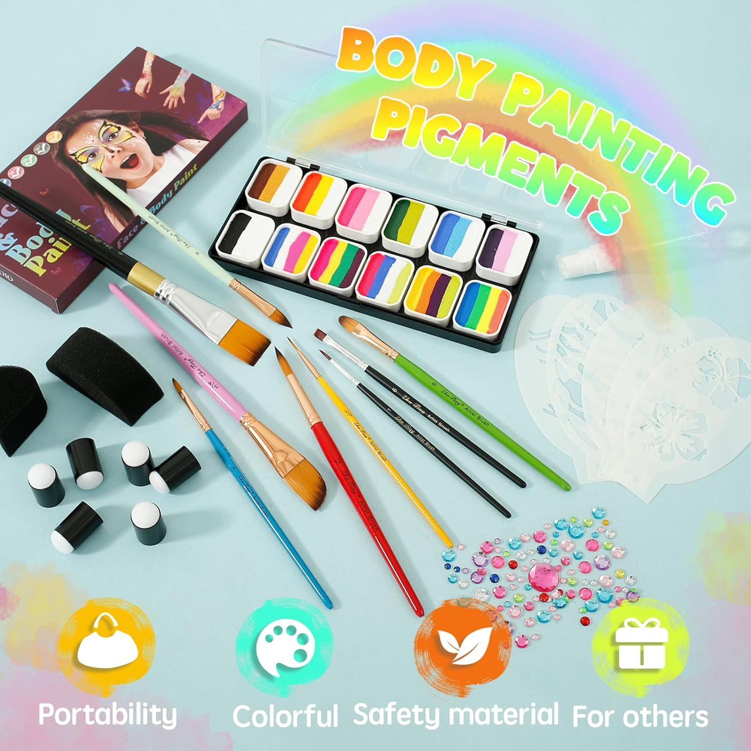 Face Painting Kit for Kids, Multi-Colour Washable Non-Toxic Face Body Paint Set with 7 Brushes,Stencils,Finger Cap,Sponge, Water Based Professional Body Art Face Makeup Palette for Party Cosplay image number 6