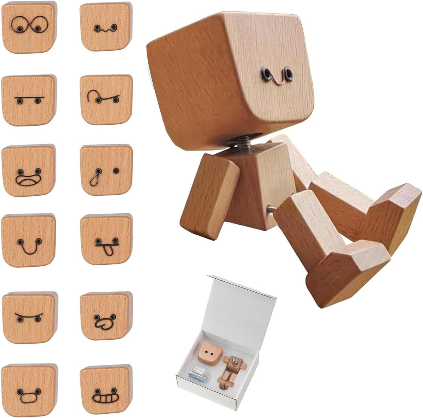 Shaking Wooden Man Figurine for Car Dashboard, Shaking Feet Wooden Doll with 12PCS Magnetic Expressions, Handmade Creative Wood Desktop Decor image number 6