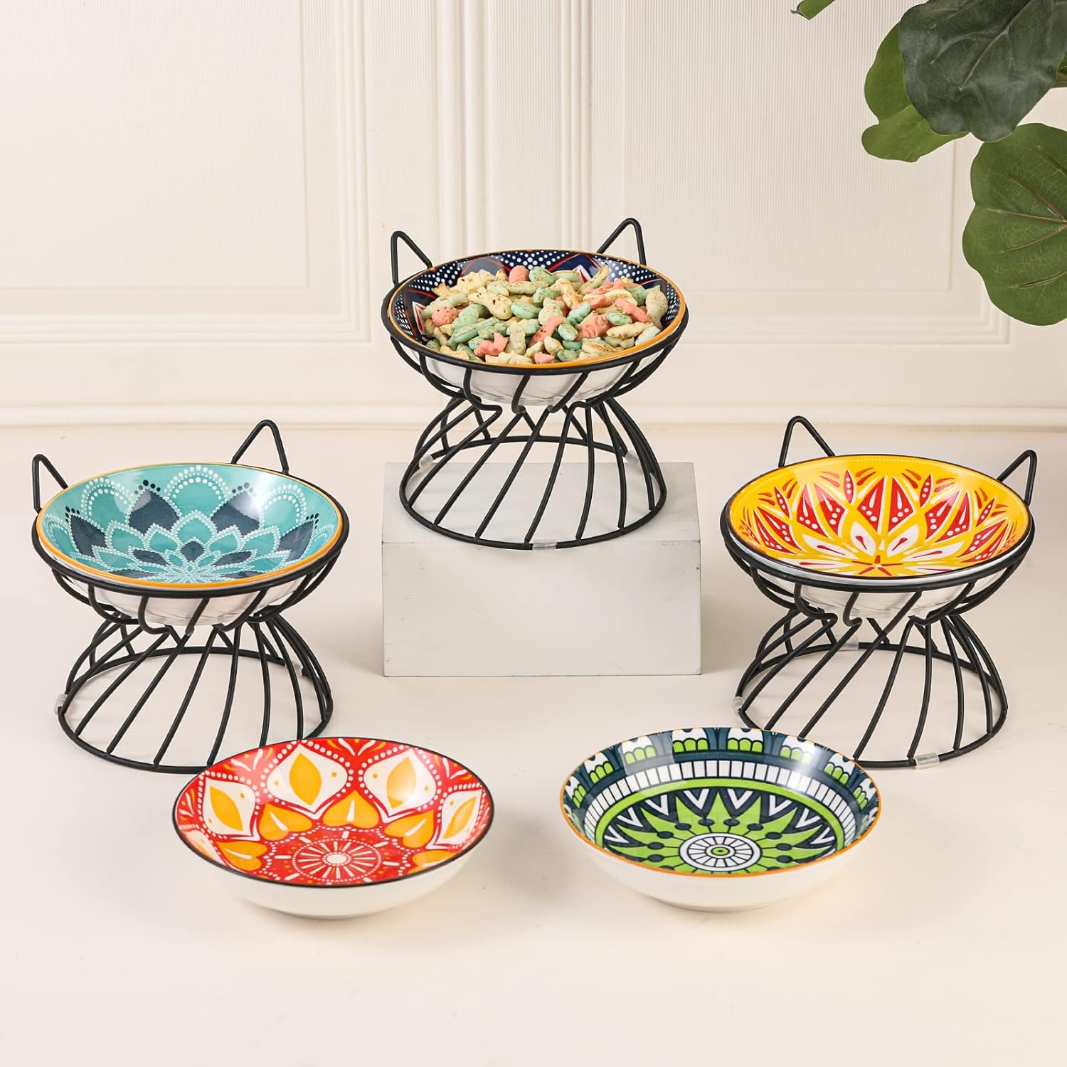 Raised Ceramic Cat Food Bowl - Elevated Cat Dish with anti Slip Stand - Wide Shallow Cat Bowl Whisker Friendly - Cute Cat Plate - Cat Feeding Bowls - Microwave and Dishwasher Safe - 8.5 Oz - 5.75 Inch