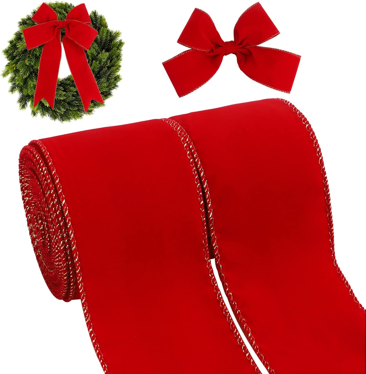 2 Rolls Christmas Wired Ribbon, 2.5 Inch X 10 Yards Red Green Velvet Xmas Ribbon with Gold Edge Vintage Christmas Ribbon for Christmas DIY Craft Home Garland Bow Door Wreath Decorations