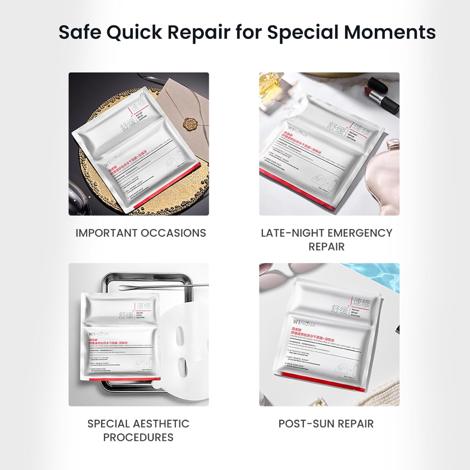 WINONA Collagen Sheet Mask 6Pcs, Instant Repair & Brightening, Soothing Quick-Repairing Freeze-Dried Collagen Mask + Solvent for Sensitive Skin, Alleviating Redness, Improving Skin Tolerance image number 5