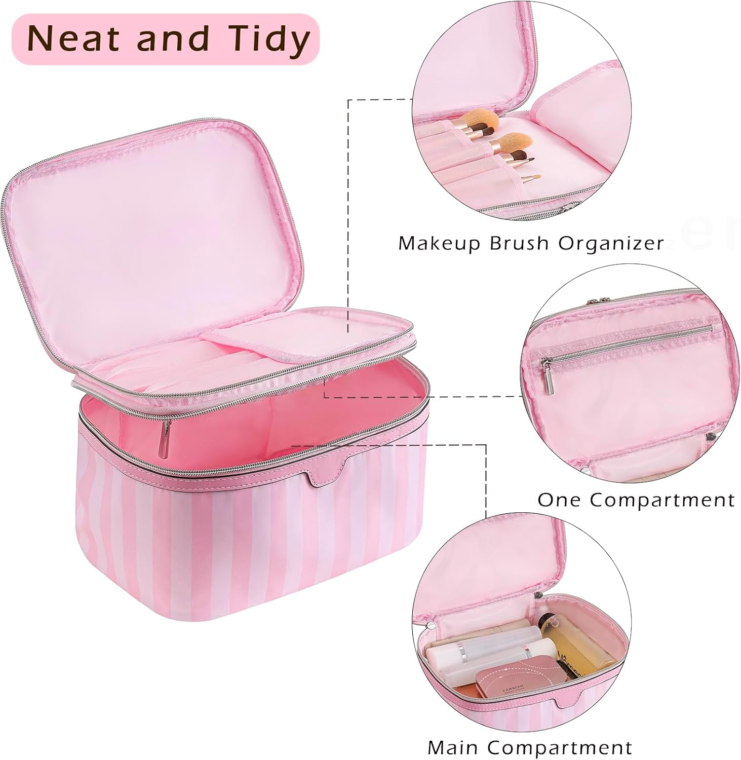 RSRSLEII Large Waterproof Double Layer Travel Makeup Bag, Aesthetic Nylon Striped Cosmetic Case，Coquette Traveling Toiletry Bag with Handle，Ideal for Women and Girls, 01Top Open, Striped and Colorful