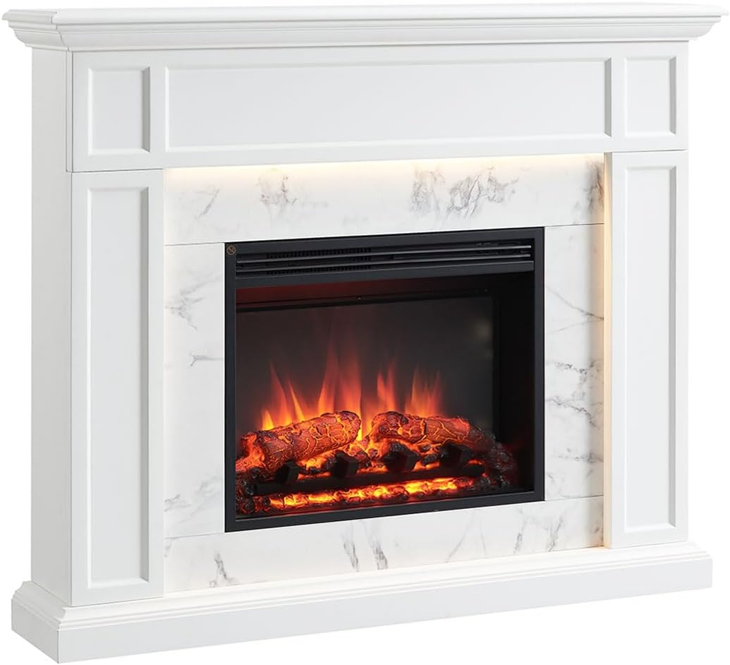 Modaliving Pearl 2000W Electric Fireplace Heater Mantel Suite Marble Veneer Finish Remote Control Timer Adjustable Flame (White) image number 2