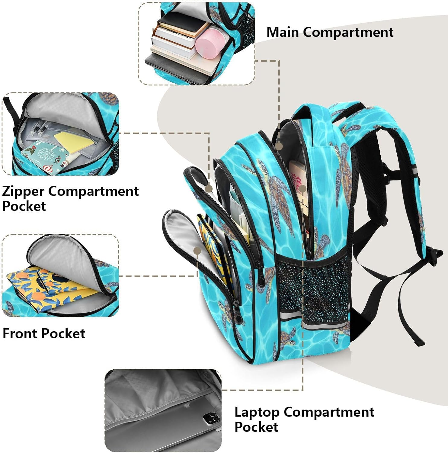 RPLIFE Sea Turtles Blue Aqua Kids Backpack for School Ages 8-14, Backpack for Boys Elementary School image number 6