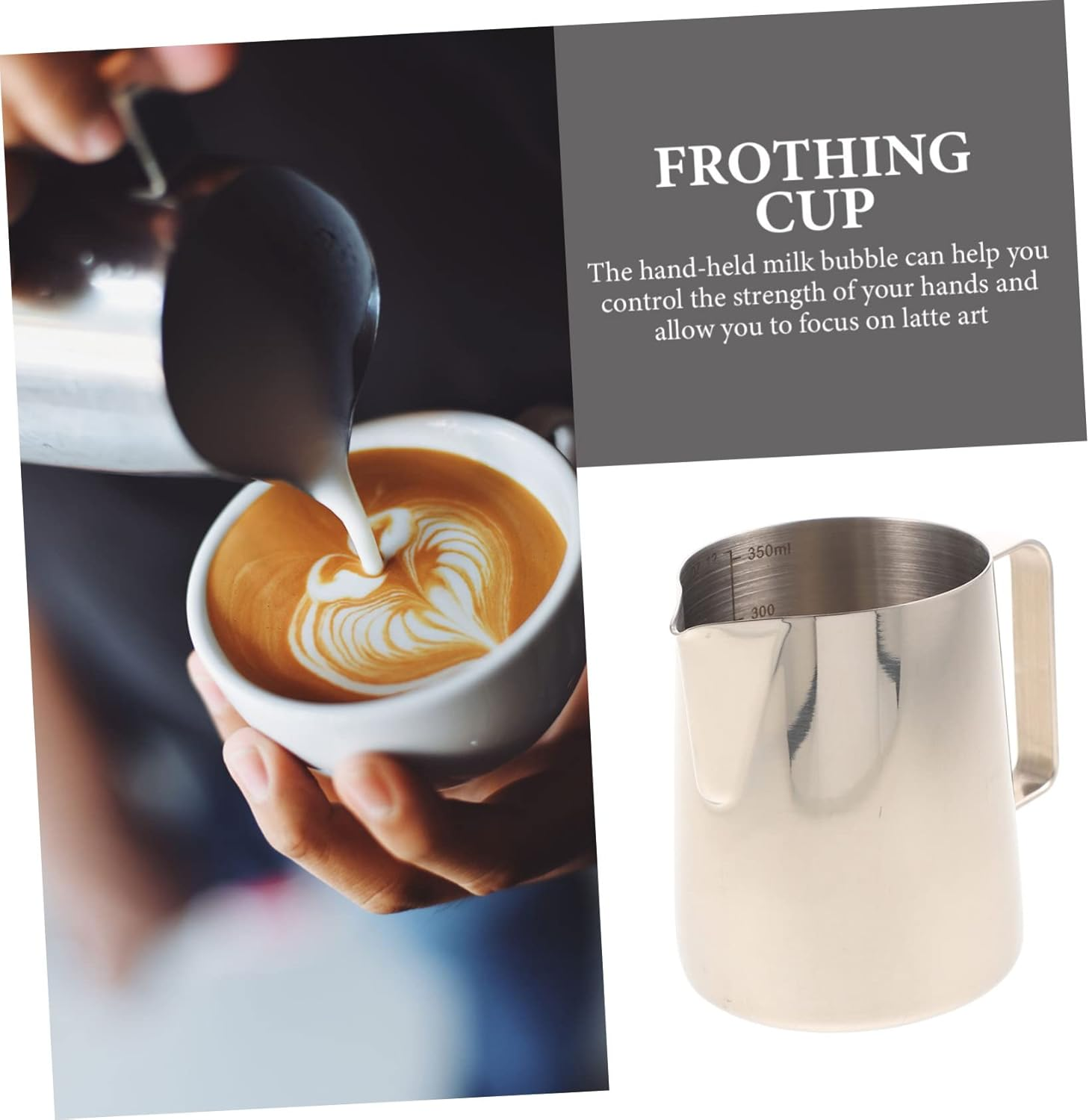 SECFOU Stainless Steel Handheld Milk Frothing Pitcher with Scale Convenient Kitchen Steaming Cup for Espresso Latte Cappuccino Art Comfortable Grip for Coffee and Milk Tea Lovers image number 4