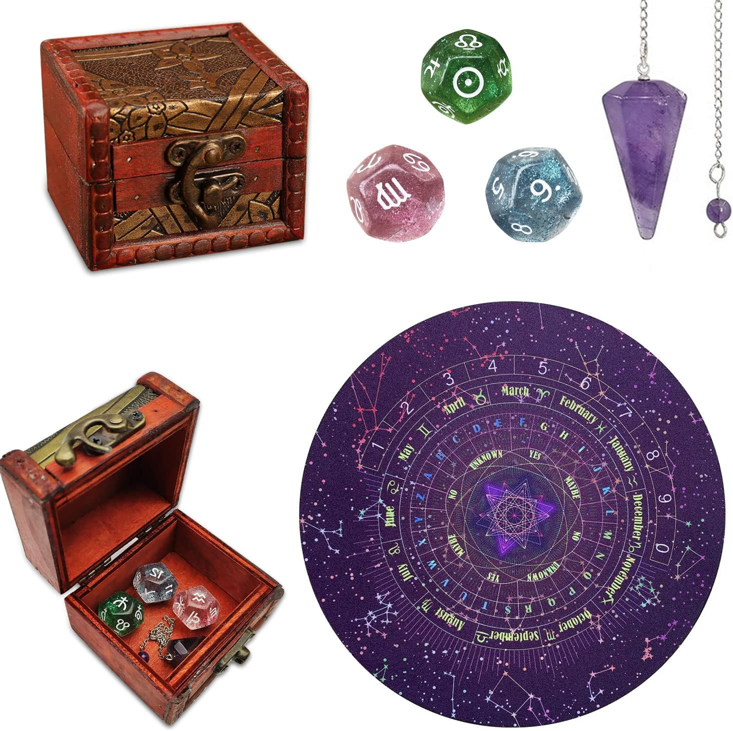 6 Pcs Tarot Divination Dice Set with Astrology Dice, Amethyst Pendulum, Witch Pendulum Board, Card Case, Witchcraft Kit - Metaphysical Supplies for Beginners
