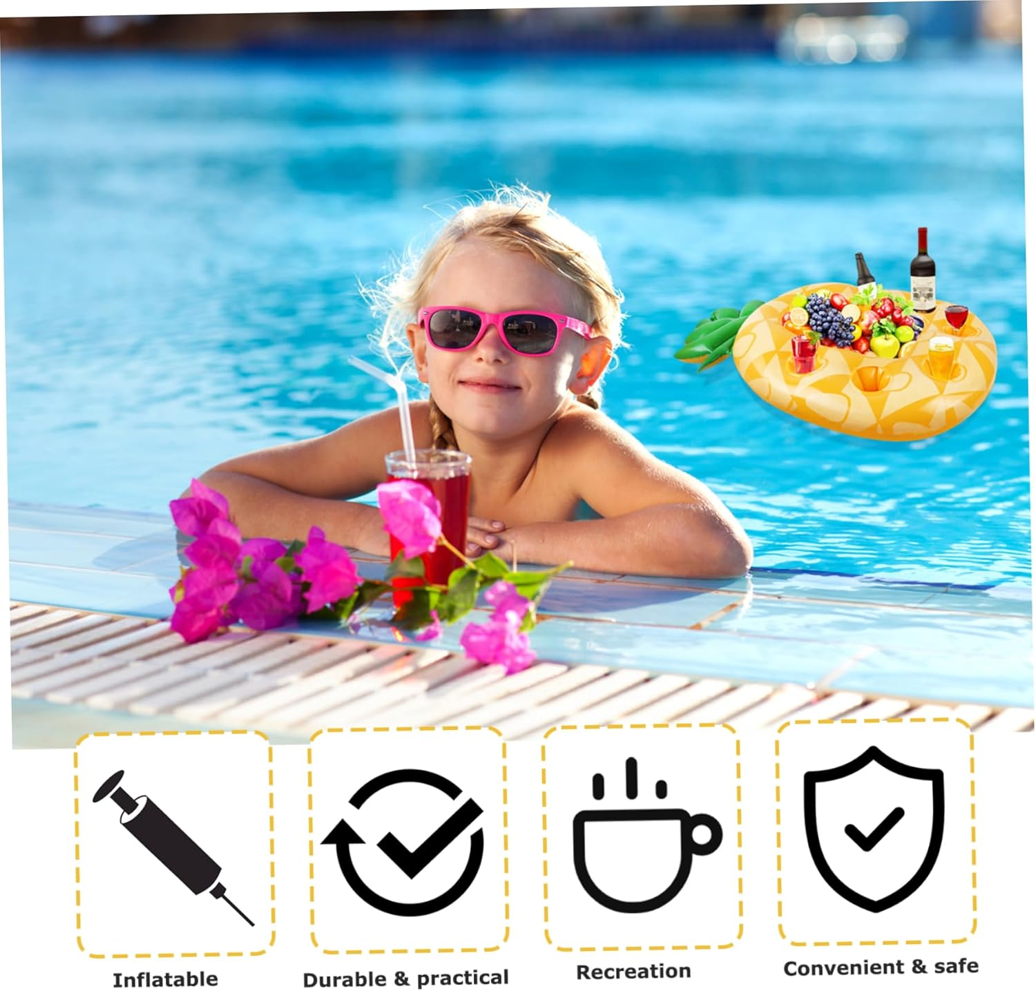Drink Floaties for Pool, Pineapple Inflatable Drink Holder, 33.5X21.7 PVC Floating Pool Tray with Cup Holders, Portable Floating Drink Holder image number 3