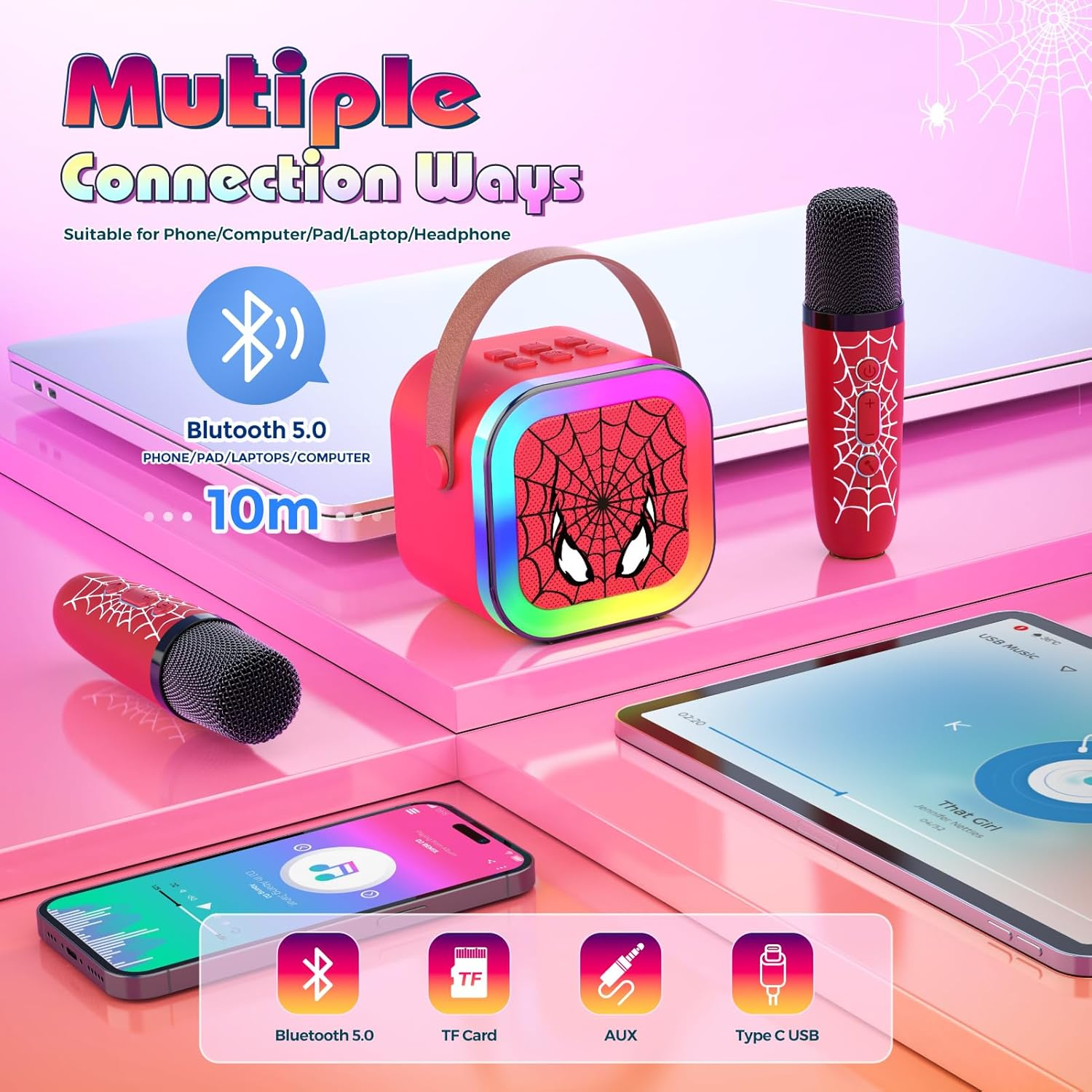 Mini Spider Karaoke Machine Kids, Vingtank Toys for 4 5 6 7 8 9 Year Old Boys Girls Portable Bluetooth Speaker with 2 Wireless Microphones Gifts for 3-5 6-8 8-12 Year Old Boys Girls Adult Family Party