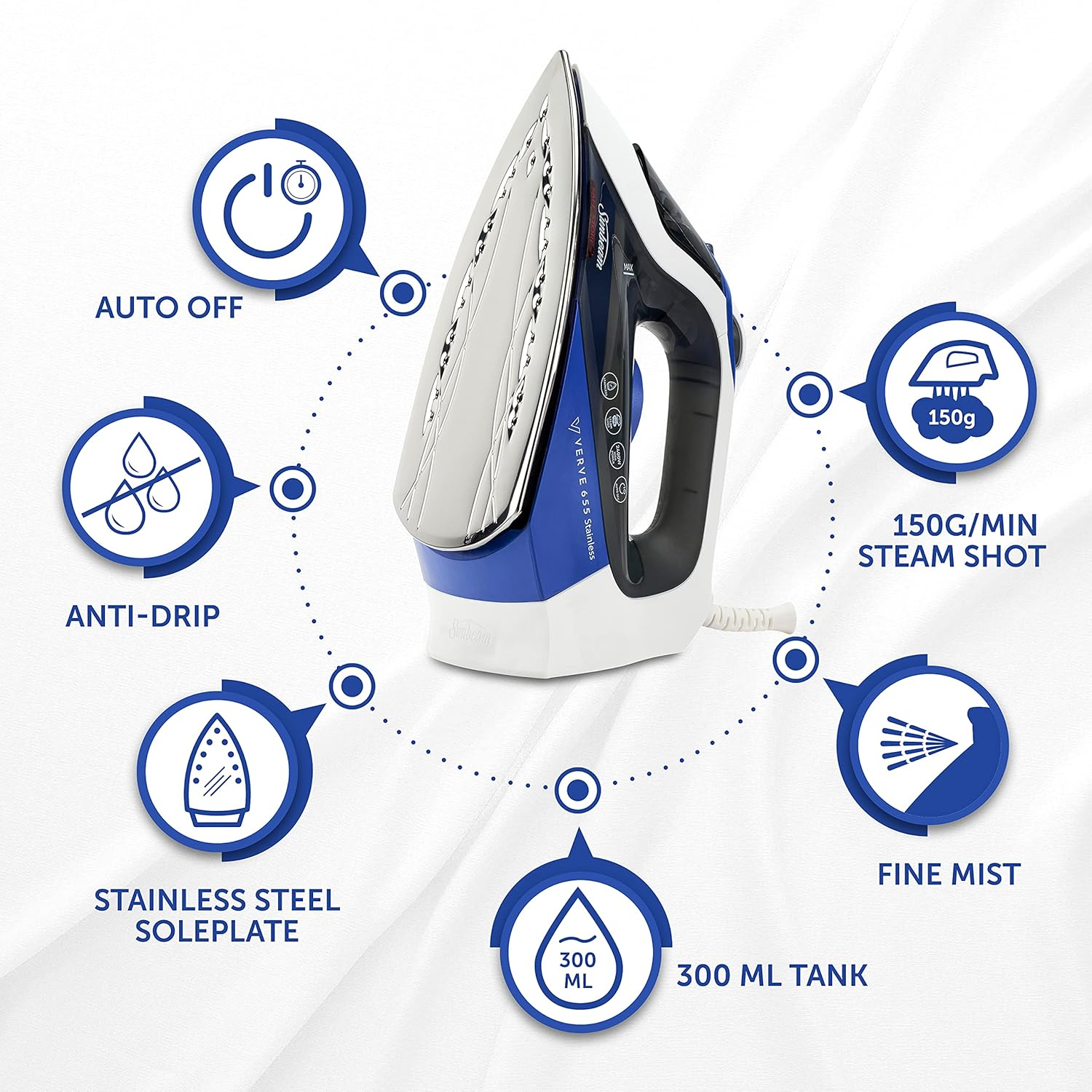 Sunbeam Verve Stainless Steam Iron | Durable Stainless Steel Soleplate, 150G/Min Steam Shot, 300Ml Tank, 2400W Fast Heat-Up, Safe Store Indicator, Auto-Off, Blue SRS6550 image number 3