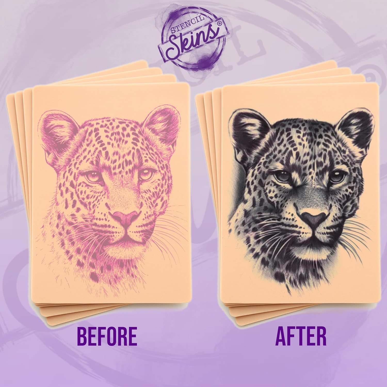Stencil Skins Pre Printed Tattoo Stencils Skin for Practice Set of 5 Feline Designs, 3Mm Silicone Fake Skin Tattoo Second Skin, Practice Shading, Line Work Realistic Big Cat Set image number 6