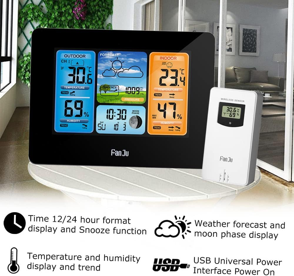 Domary FJ3373 Multifunction Digital Weather Station LCD Alarm Clock Indoor Outdoor Weather Forecast Barometer Thermometer Hygrometer with Wireless Outdoor Sensor USB Power Cord image number 2