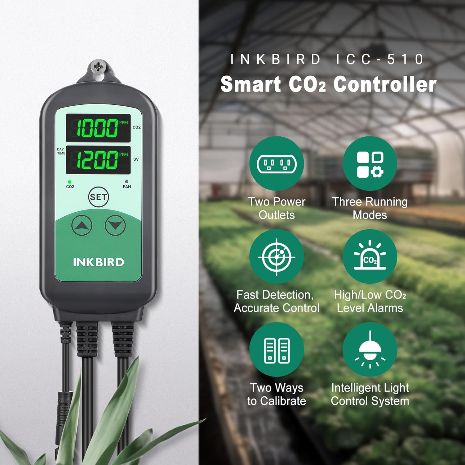 INKBIRD CO2 Controller ICC-510, Smart Carbon Dioxide Controller with 2 Outlets for CO2 Generator and Ventilation Fan, High and Low CO2 Alarms, Day and Night Control image number 2