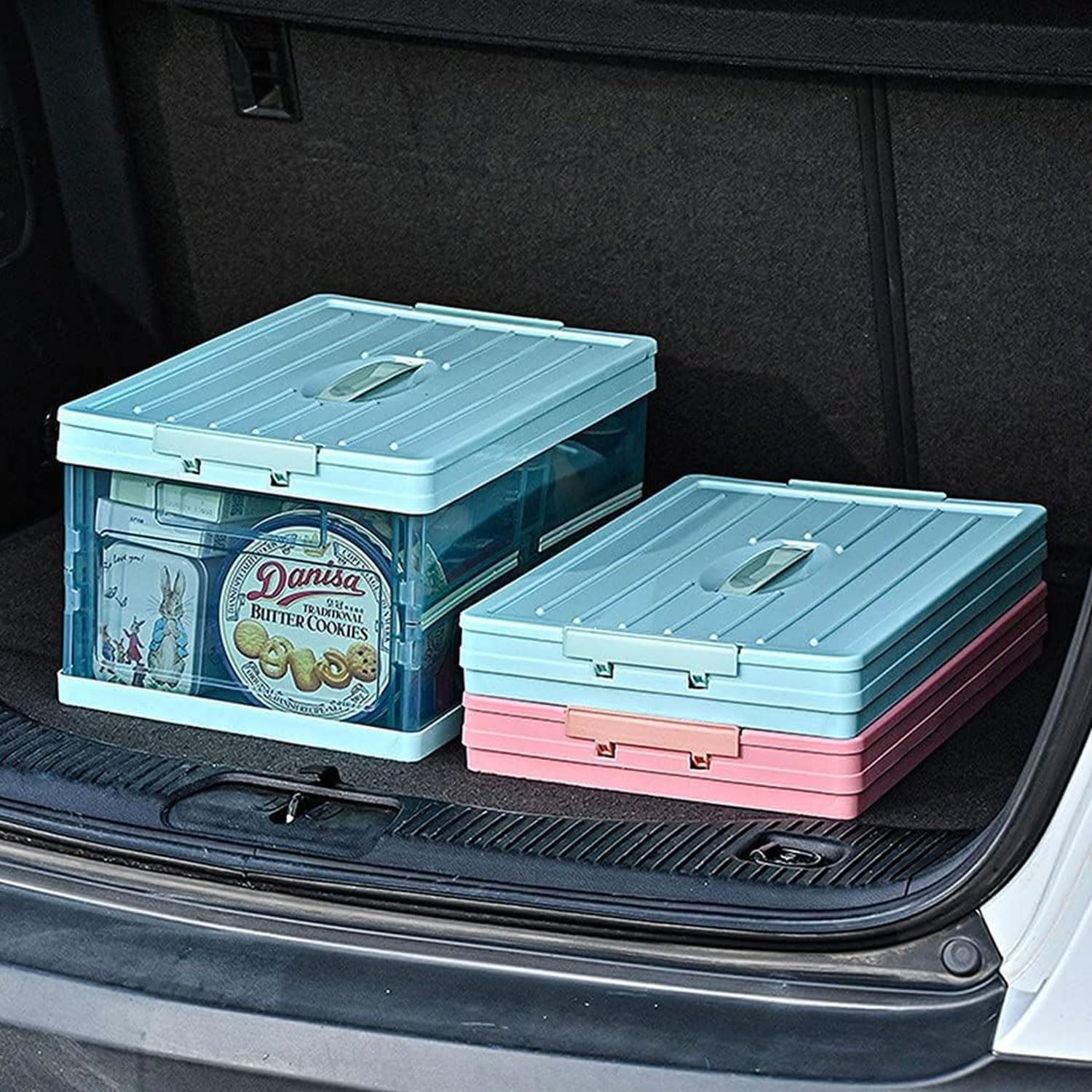 Clear Foldable Storage Bins with Lids Plastic Collapsible Box, Stackable Clear Latch Storage Box with Handle, Folding Plastic Containers, Folding Latching Crate for Closet Home Kitchen Car Trunk, Blue image number 2