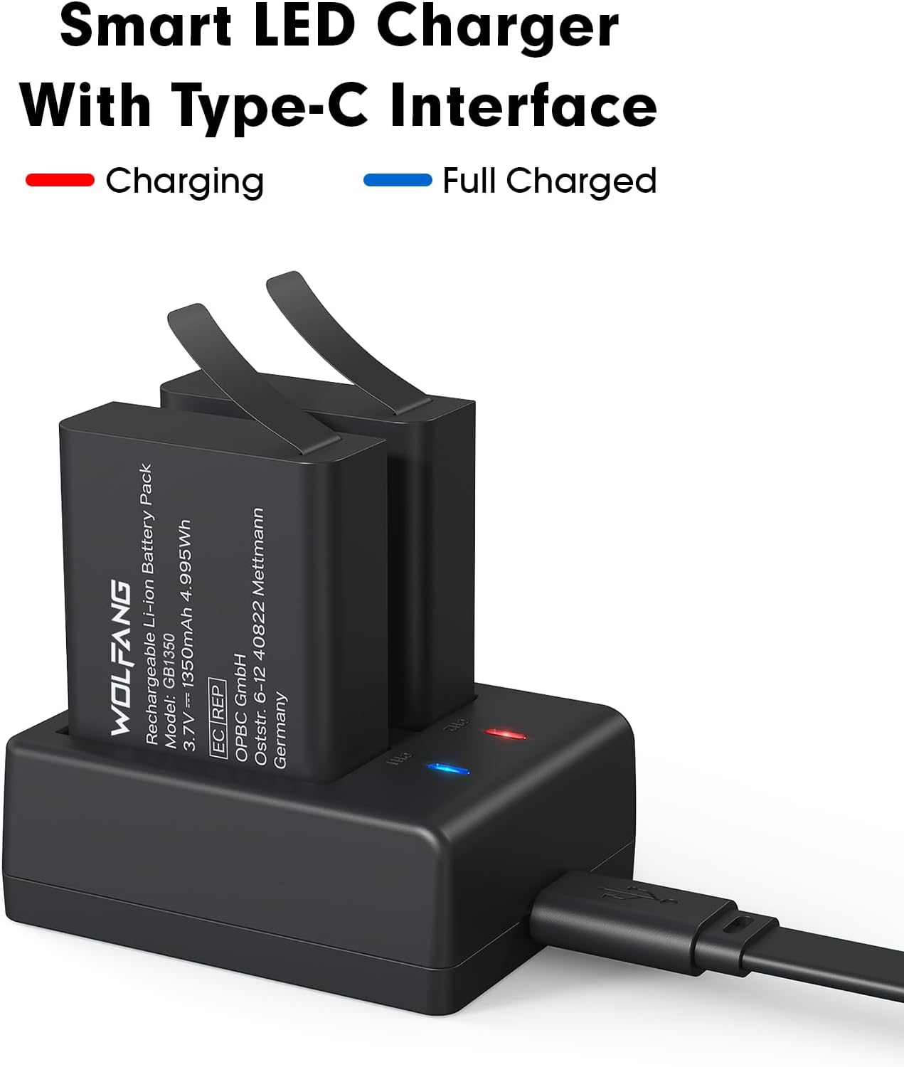 WOLFANG Action Cam Battery Charging Set with Two 1350 Mah Batteries and USB Charger for GA100 / GA200 / GA300 image number 5