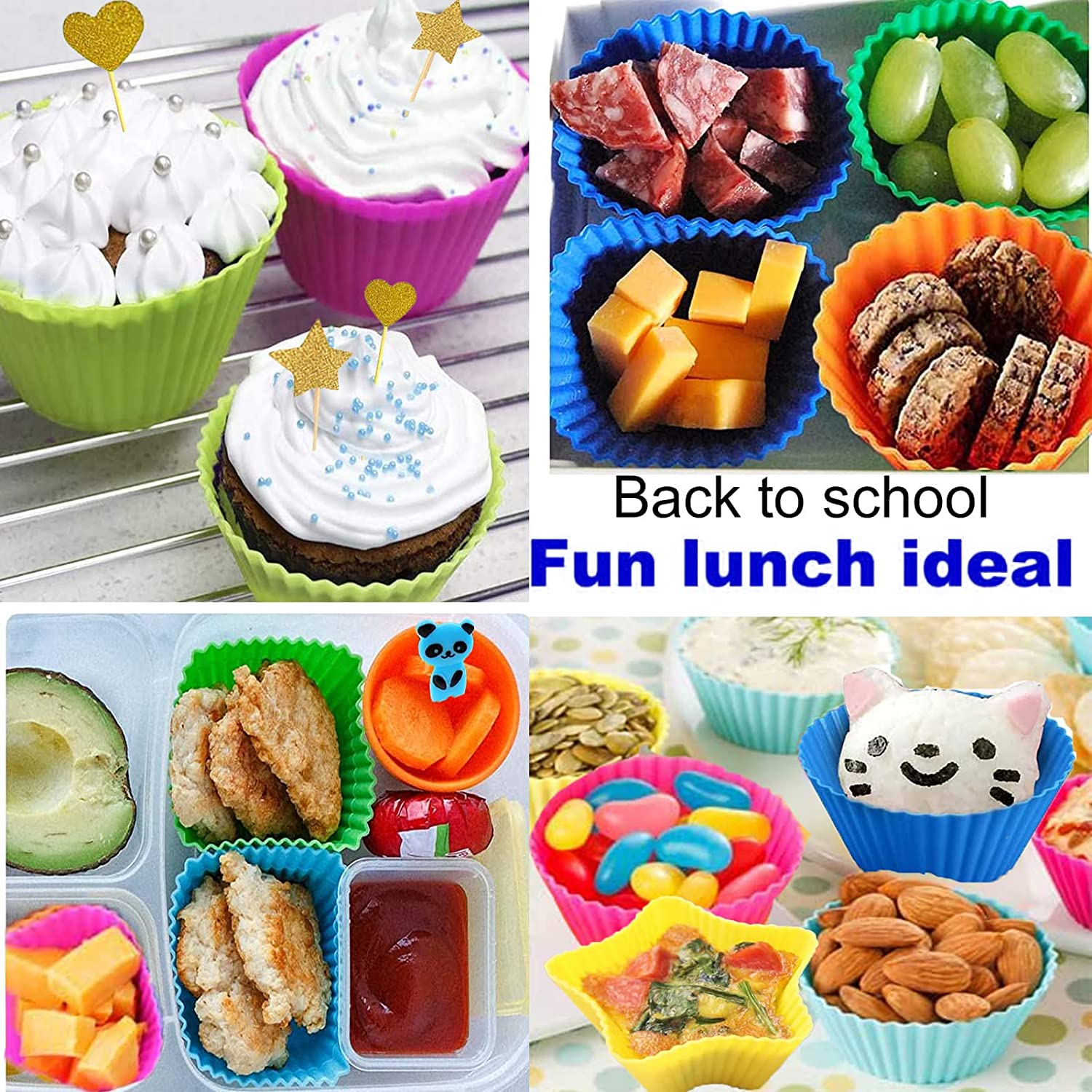 Silicone Cupcake Liners,40Pcs Reusable Silicone Baking Cups with 10 Food Picks,Non-Stick Muffin Liners Pastry Cake Molds,Silicone Lunch Box Dividers with 12Pcs Cake Toppers,Multicolour Baking Set