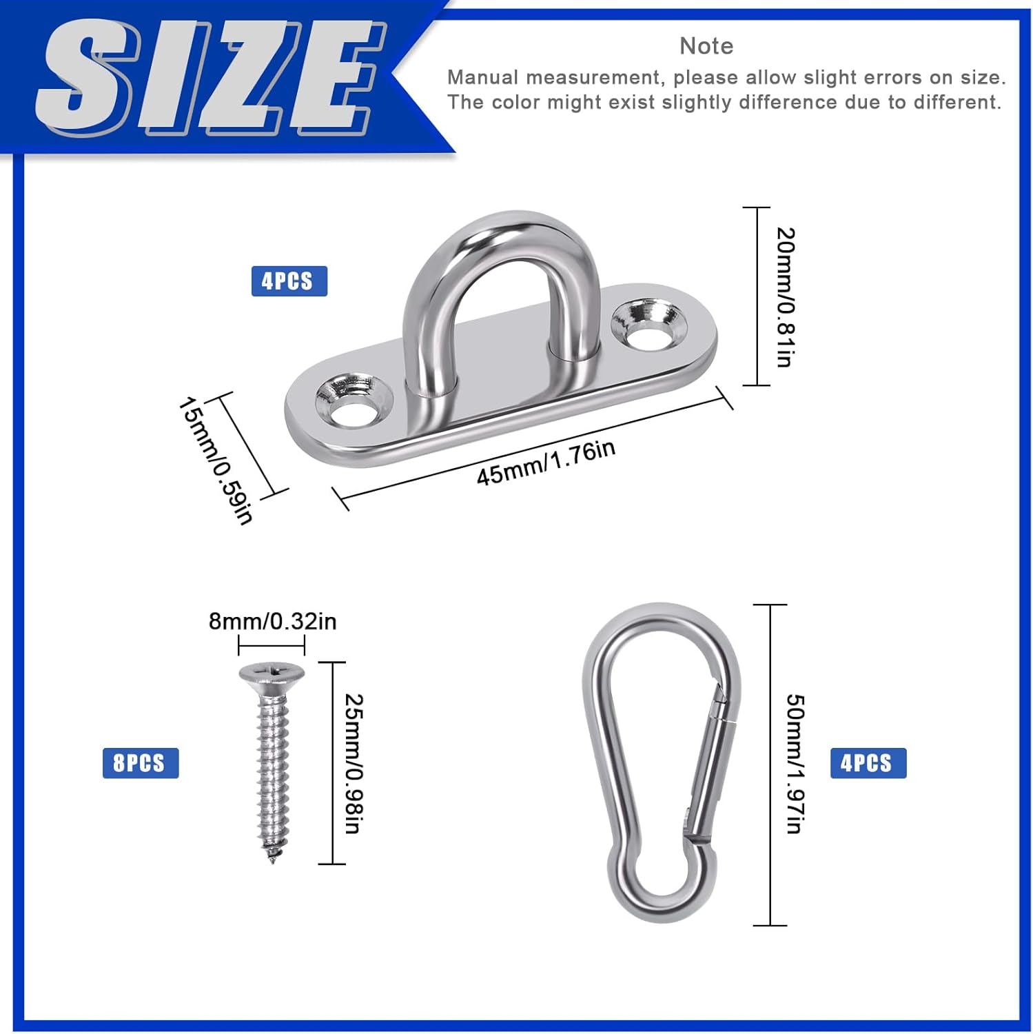 Glarks 4 Pack M5 Stainless Steel Pad Eye Plate Hook and Snap Hook Kit, Heavy Duty Eye Plate U Hooks Ring Hook Loop and Spring Snap Clips with Screws for Ceiling and Mounting Hanging Hardware image number 3