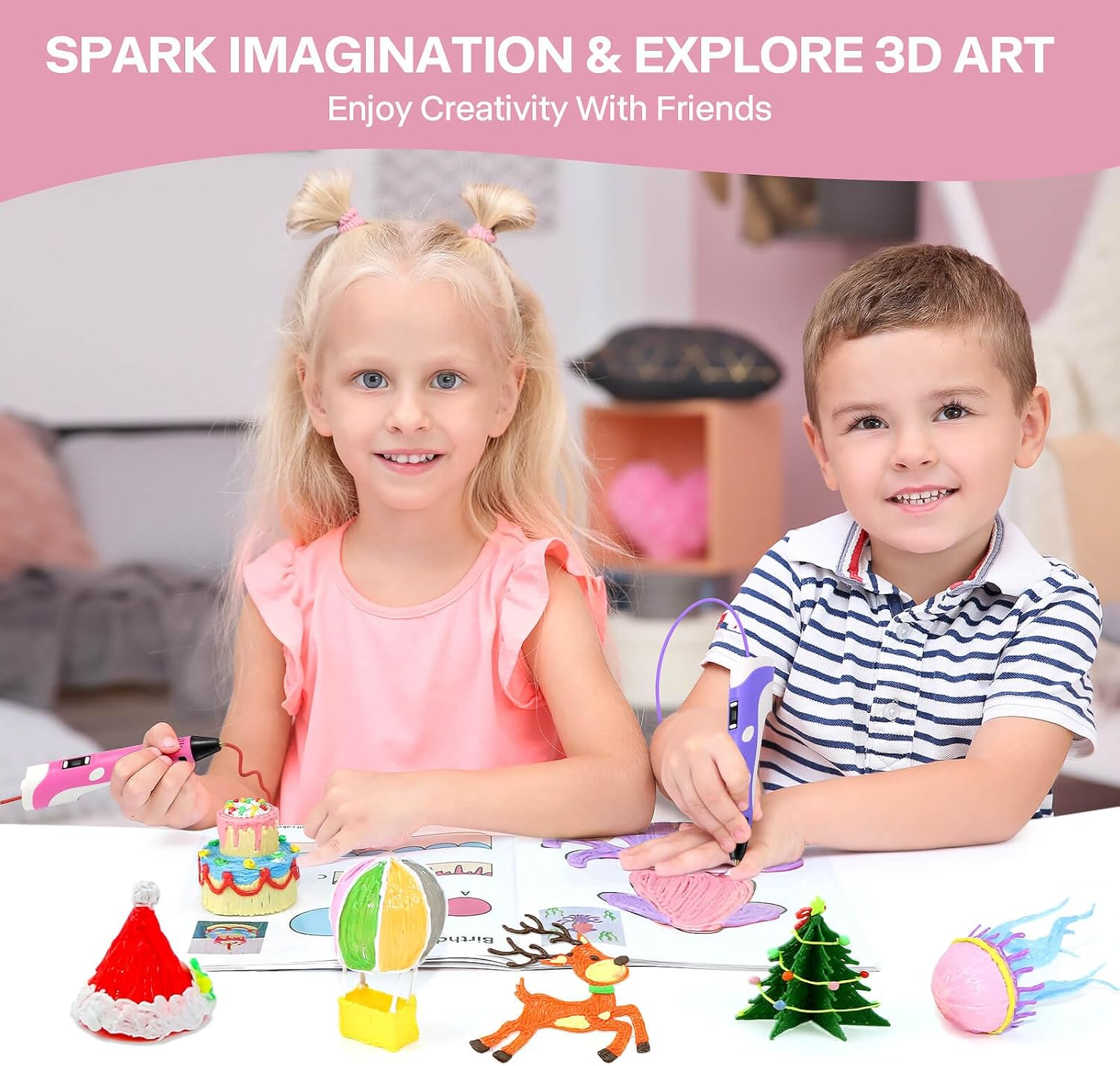 3D Pen Printing Drawing Book, Reusable Colorful Thick Paper Template with a Temperature Resistant Transparent Board, 40 Original Patterns Painting Graffiti Copy Book for Kids DIY Gift