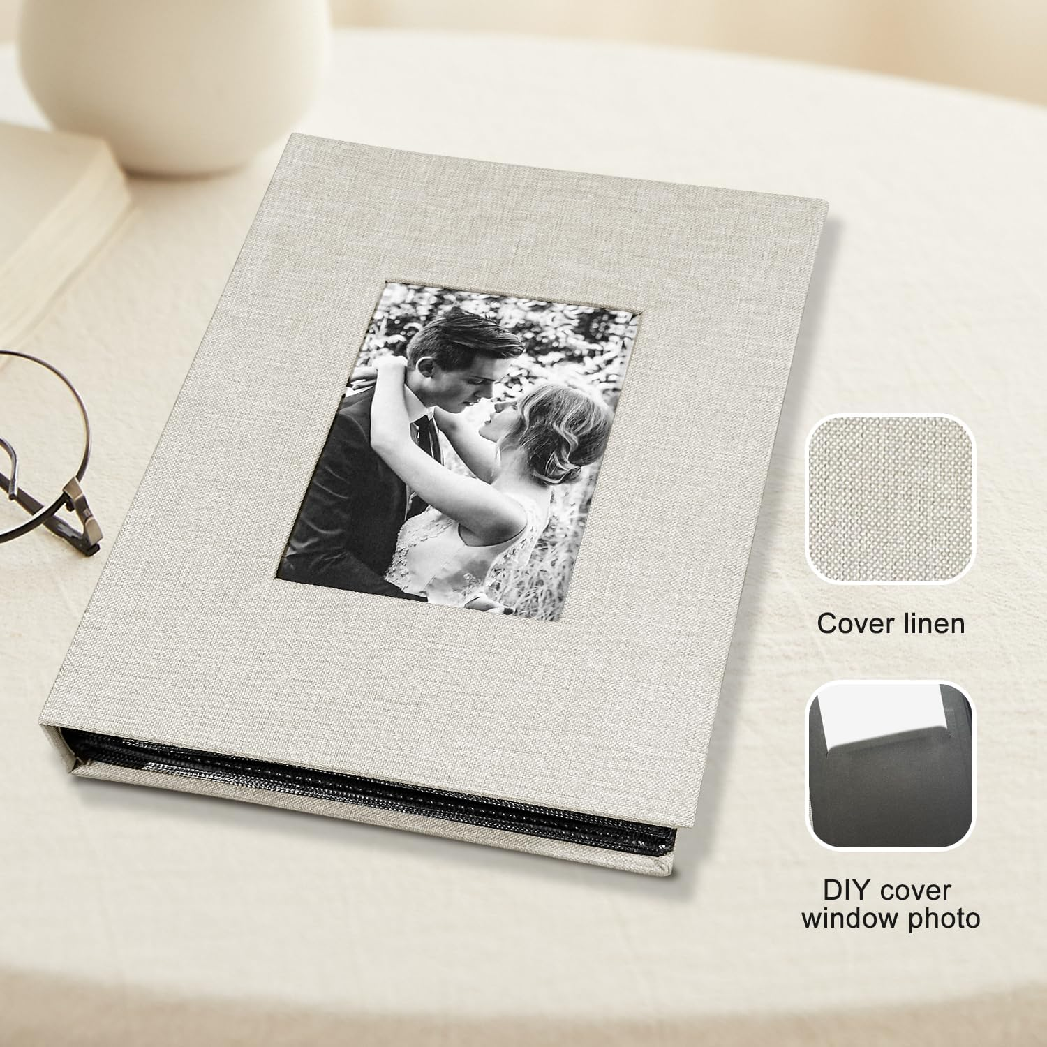 Photo Album 4X6 with 200 Pockets, Slip-In Picture Albums, Linen Cover Memory Book with Front Window, Black Page Vertical Photo Book for Wedding, Family, Anniversary, Baby, Vacation(Beige) image number 3