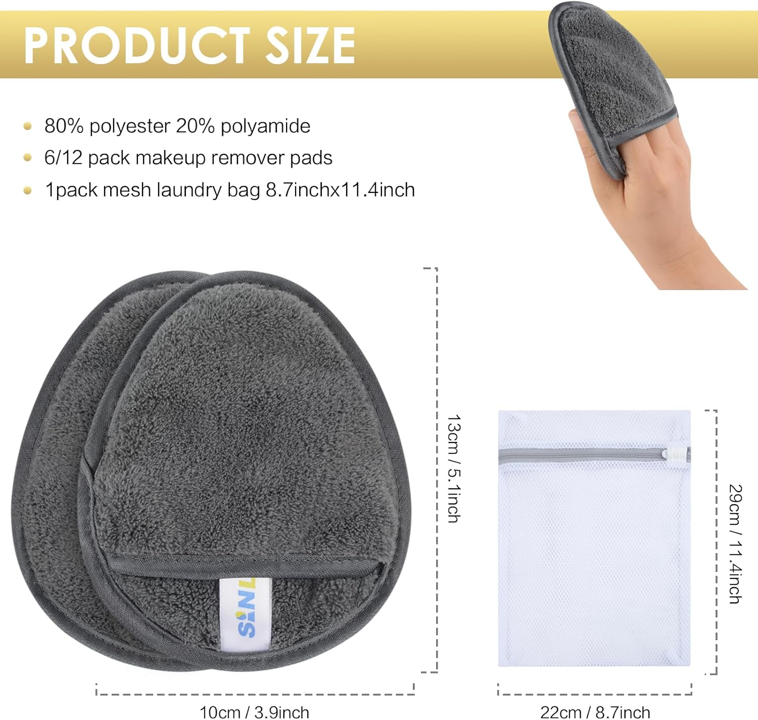 SINLAND 6 Pack Microfiber Makeup Remover Pads Reusable Makeup Eraser Washable Facial Cleansing Pads with Laundry Bag Dark Grey image number 3