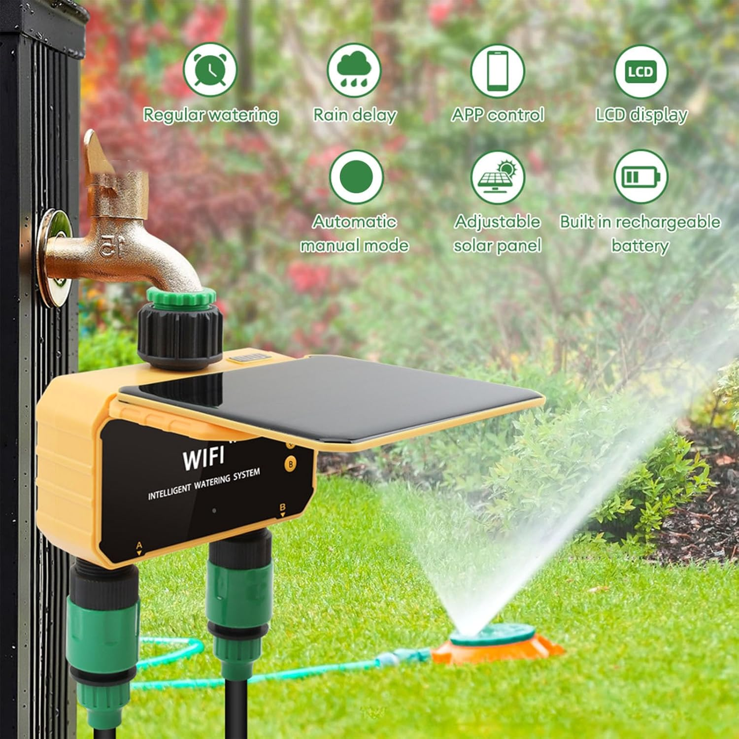 ASHATA Smart Wifi Water Timer, 2 Outlets Automatic Irrigation Sprinkler Timer, APP Remote Control, with Solar Panel, 3200Mah Battery, for Lawn Yard Garden Balcony image number 5
